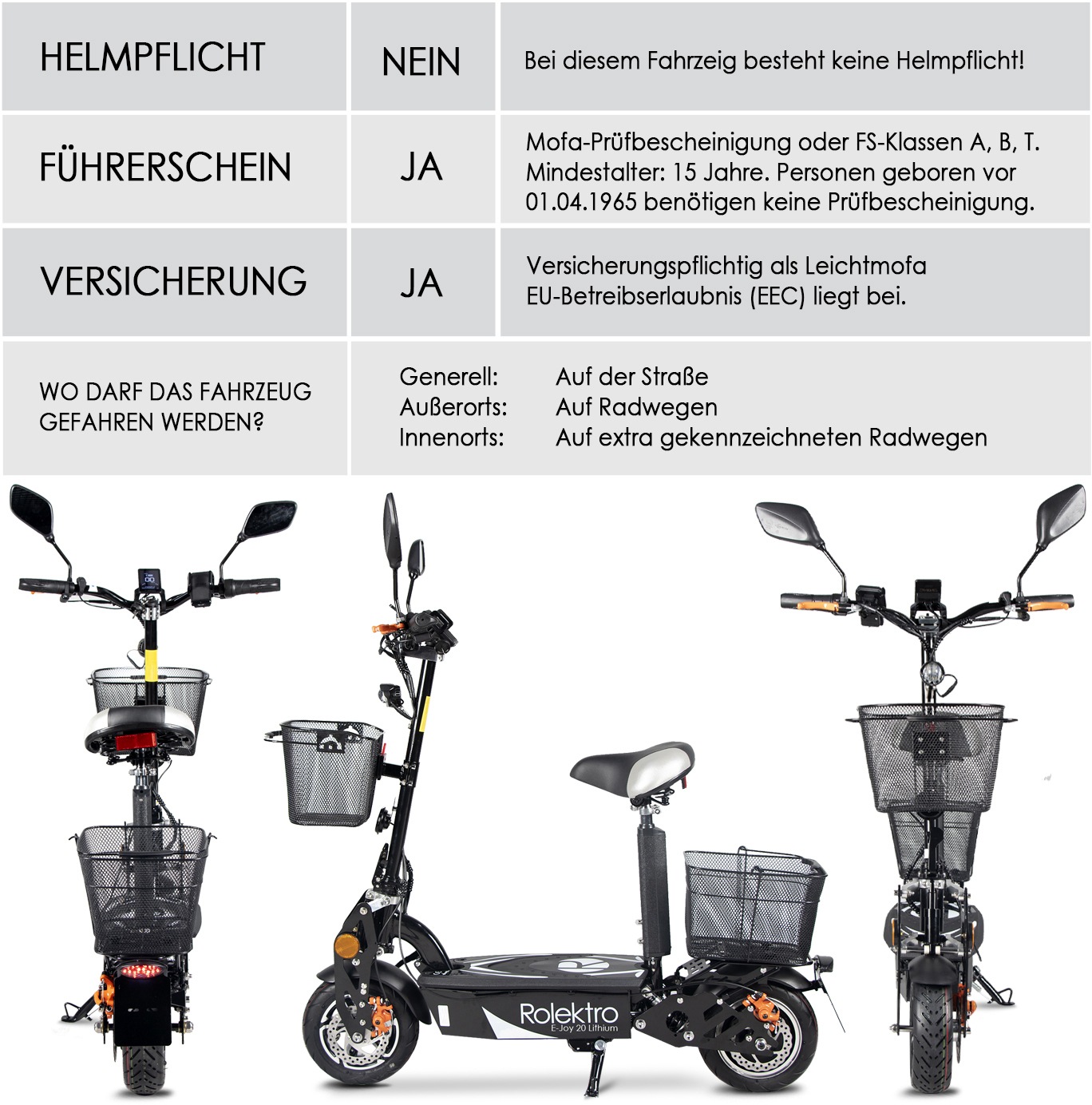 Rolektro Sitzscooter »Rolektro E-Joy 20 Lithium«, 20 km/h, 45 km