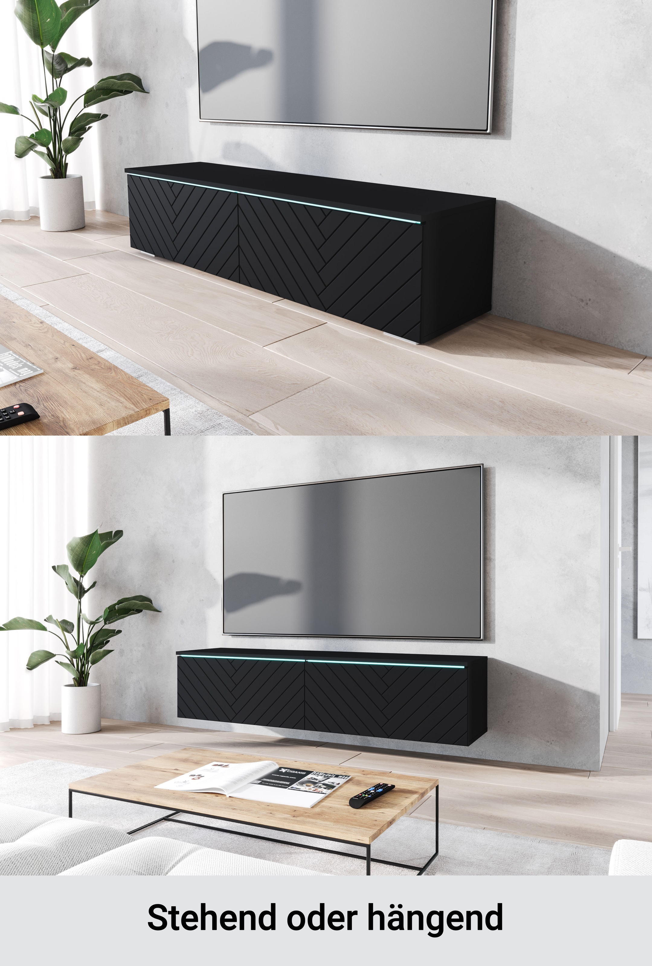 INOSIGN Lowboard »wahlweise mit oder ohne Beleuchtung«, (1 St.), 140 cm TV-Board ohne Griffe, mit viel Stauraum, stehend und hängend