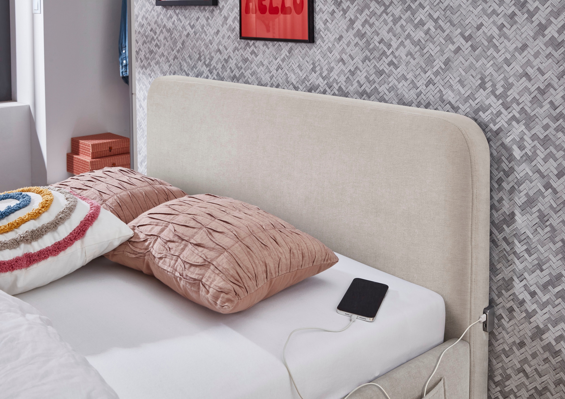 meise.möbel Kinderbett »COSY in de Breiten 90, 120 & 140 erhältlich, wahlweise mit Bettkasten« wahlweise mit Holzfuß in schwarz oder eiche, inkl. USB-Anschluss