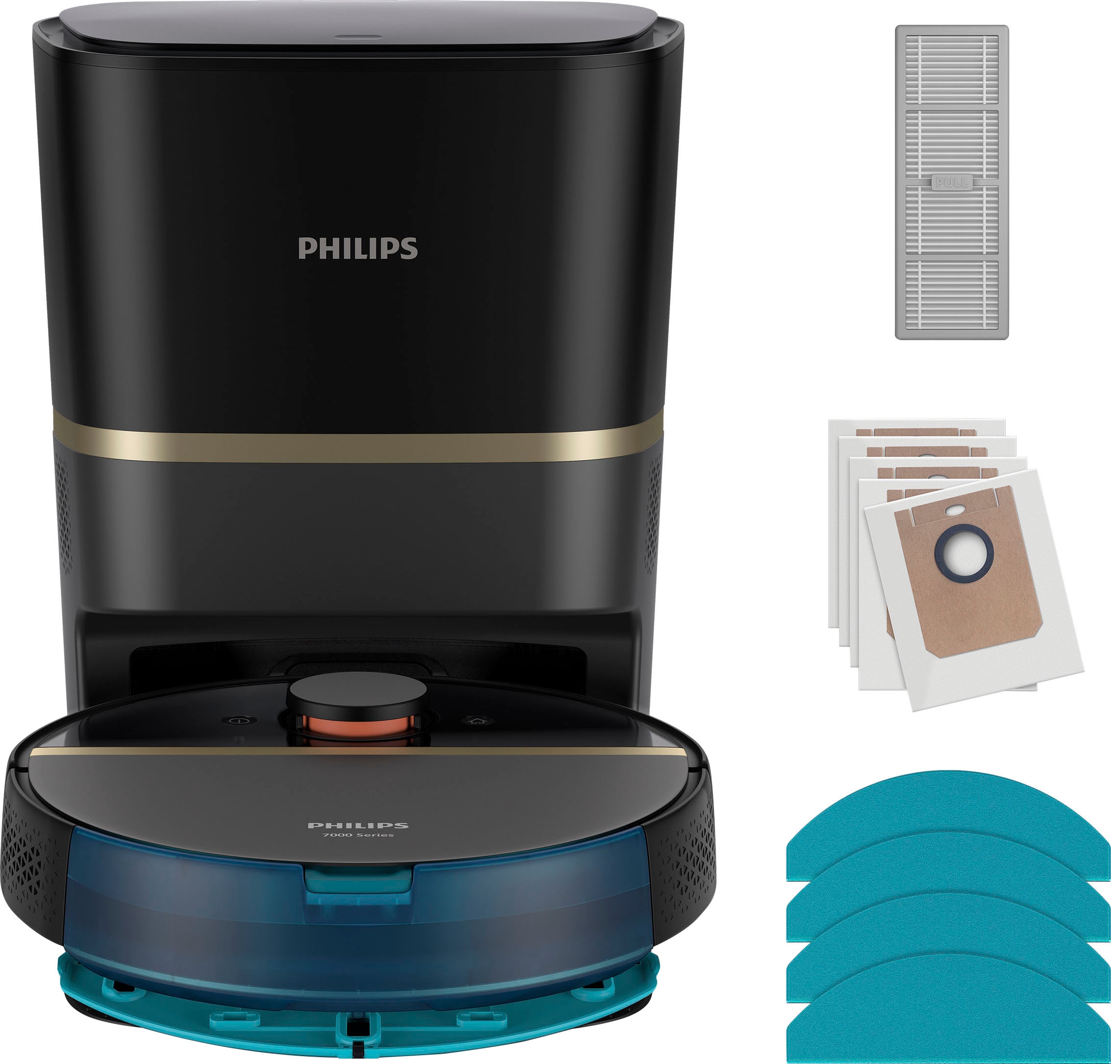 Philips Saugroboter »mit Wischfunktion XU7100/01, Teppichfunktion, 360° Lasernavigation« 180 min Akkulaufzeit, ToF-Sensoren, inkl. Entleerungsstation