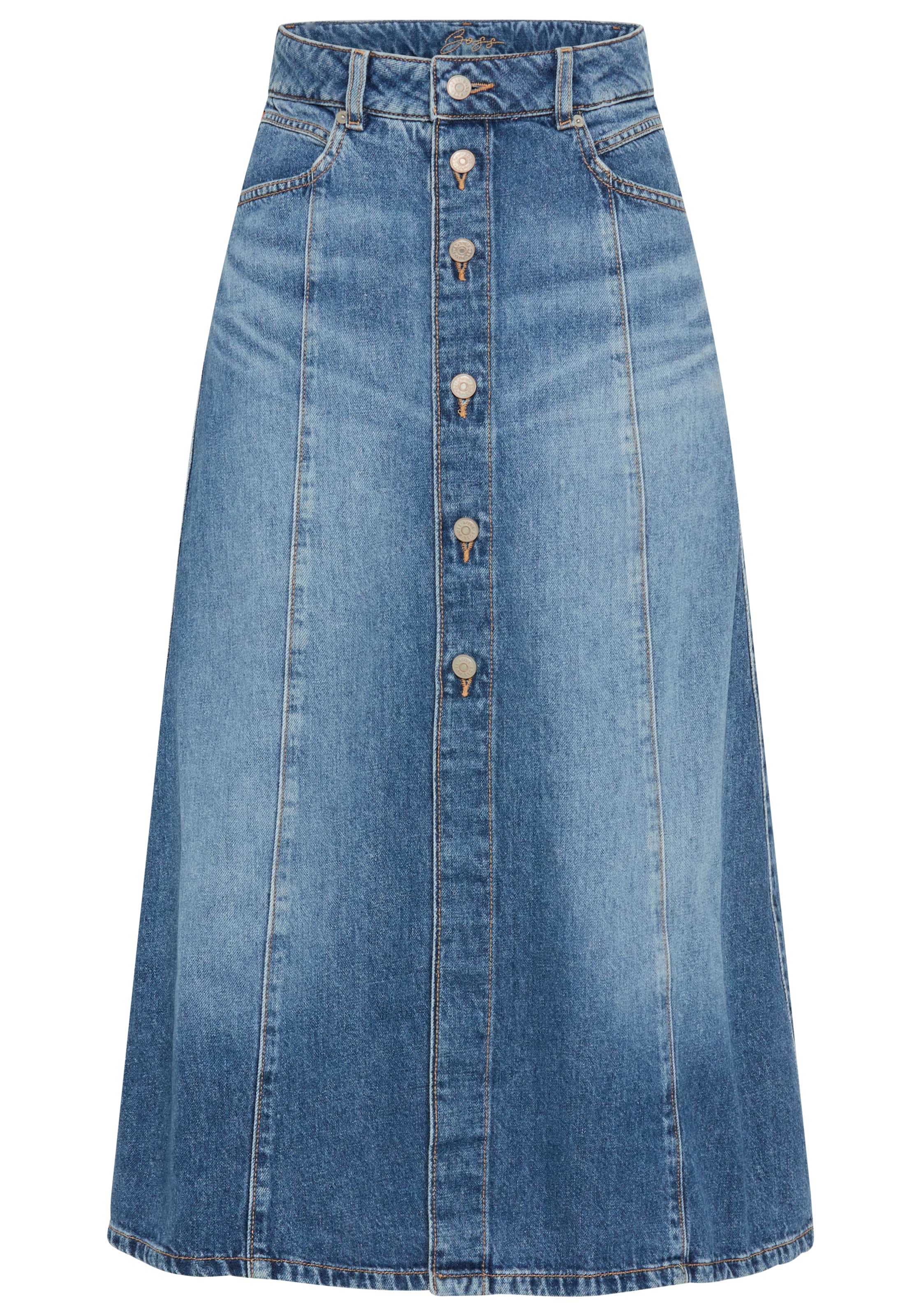 BOSS ORANGE Jeansrock »DNM MIDI SKIRT Premium Damenmode« in Midi-Länge, Knopfverschluss