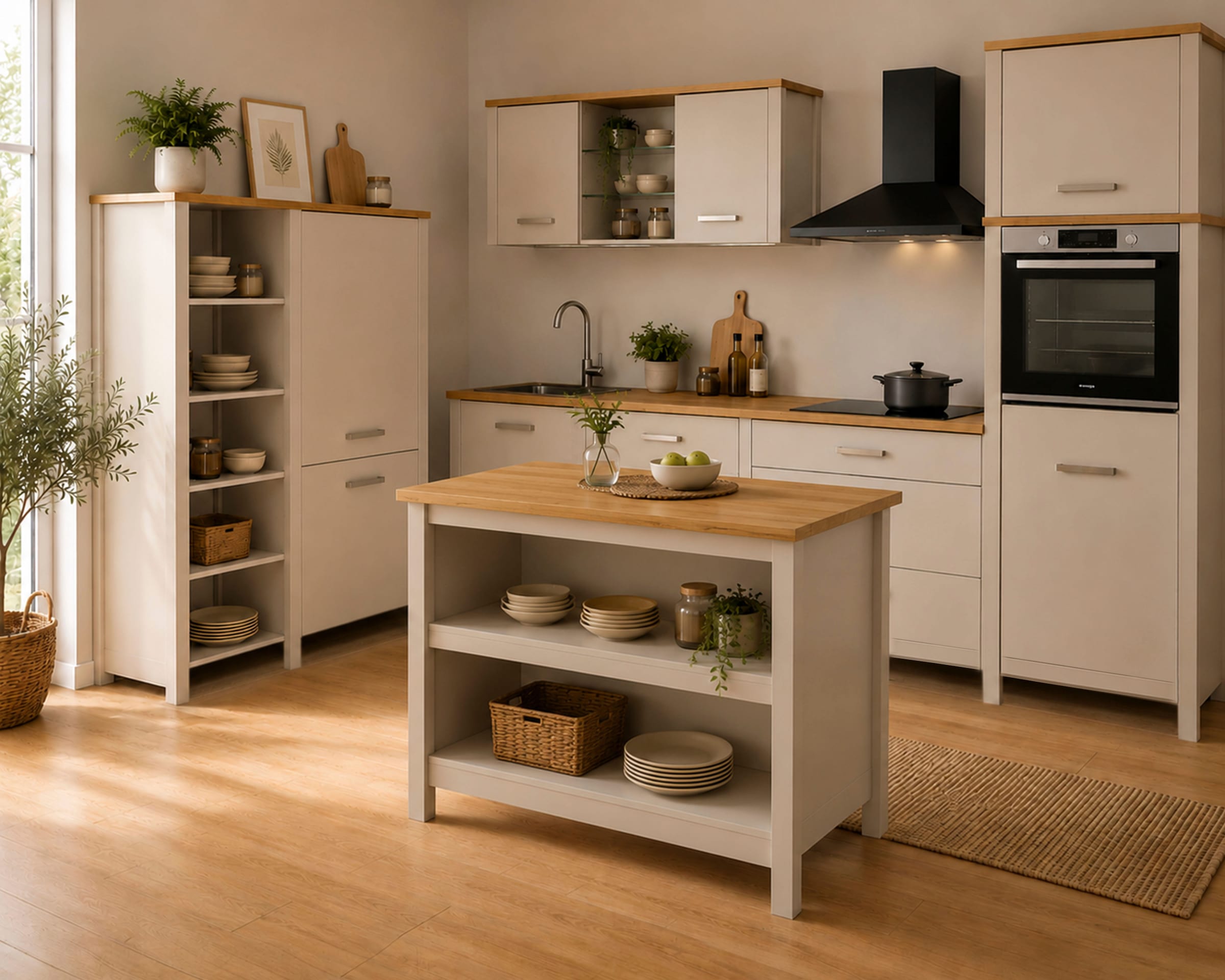 Inter Link Bartisch »Pienza, multifunktional für Küche & Essbereich, im Skandi Look« 1 Stk. tlg. Kücheninsel mit Regalböden, Platz für 2 Hocker, Kaschmir, 124x75x91 cm