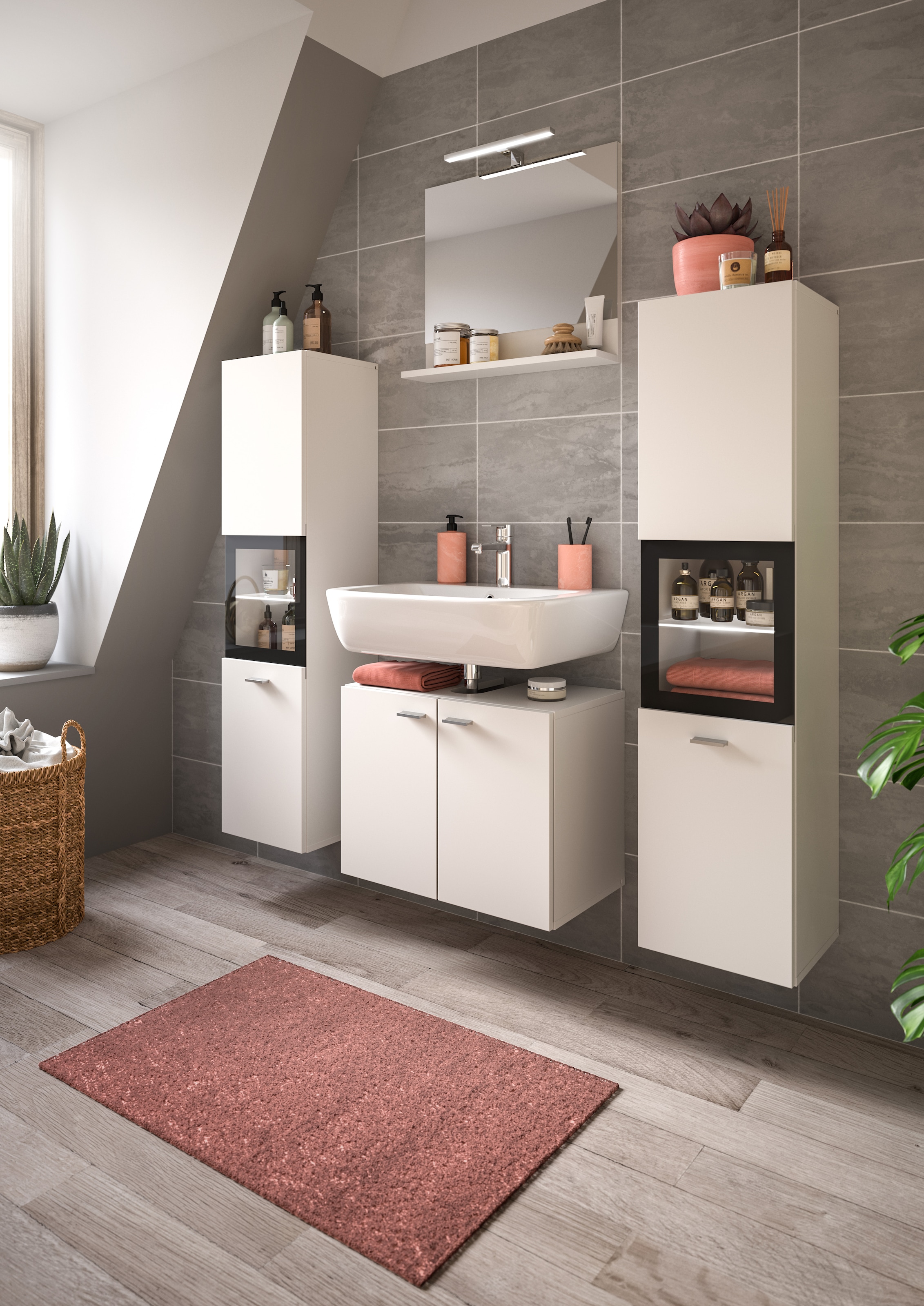 welltime Badmöbel-Set »Tampa, Breite 137cm, 4-teilig«, (4 St.), Waschbeckenunterschrank, Spiegel, Hochschrank