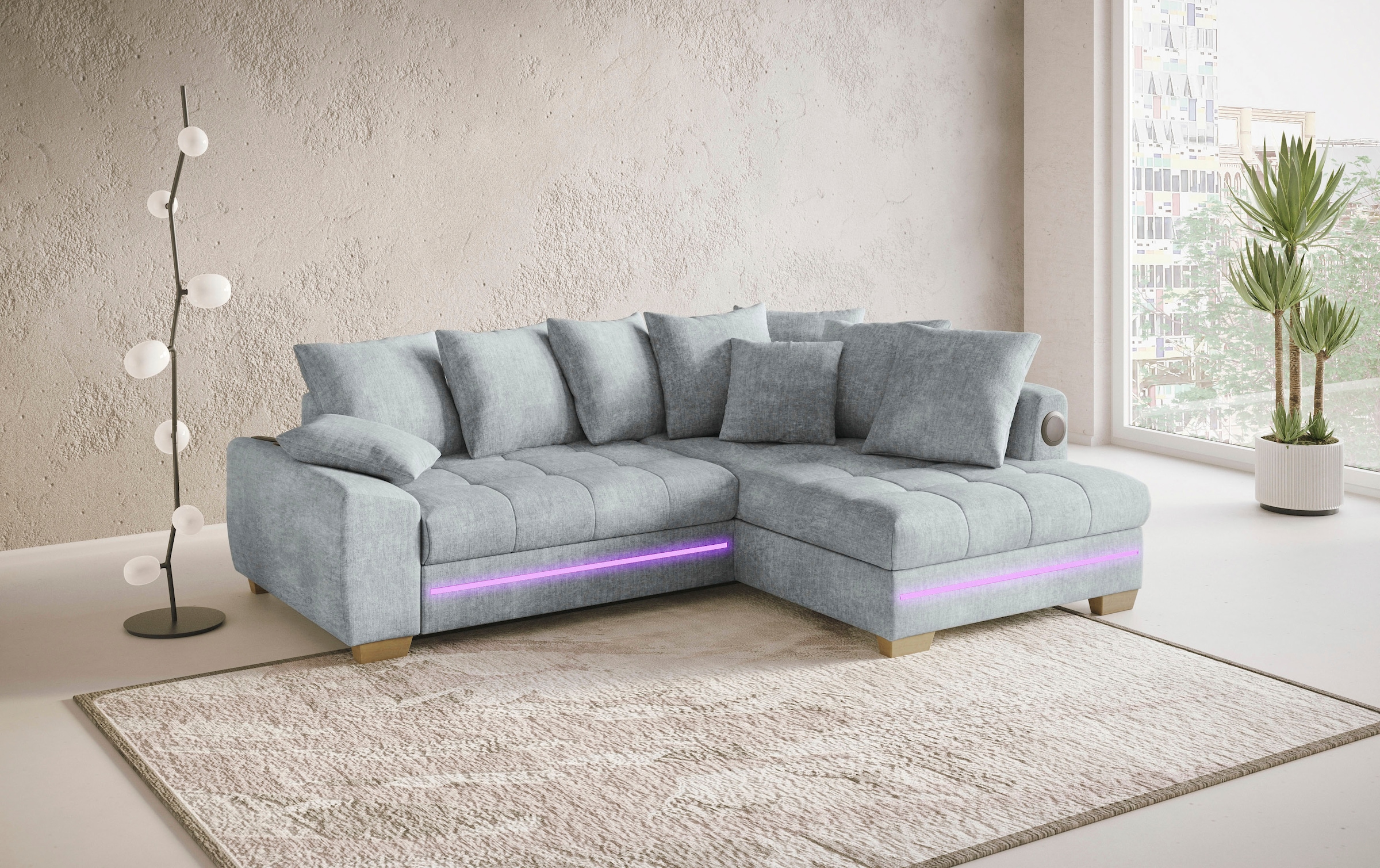 Mr. Couch Ecksofa »Nikita II, L-Form«, RGB-LED, Bluetooth-Soundsystem, wahlweise mit Bett, Bettkasten