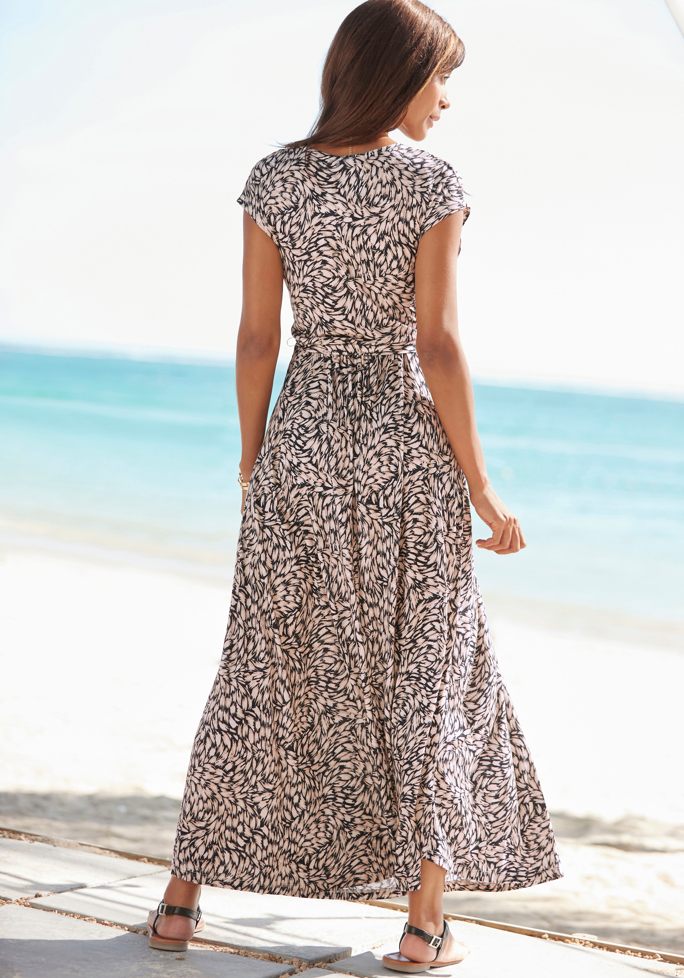 Buffalo Maxikleid mit Bindegürtel,  Eingrifftaschen mit Alloverdruck, Sommerkleid mit Taschen, Strandkleid