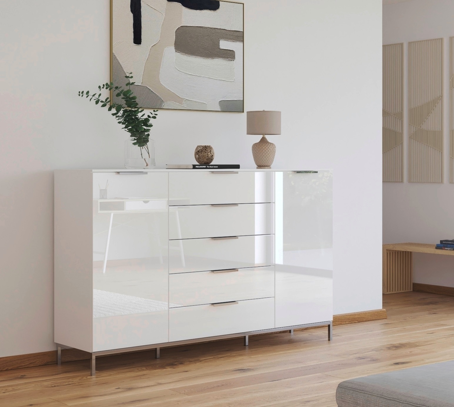 rauch Schubkastenkommode »Kommode Türkommode Sideboard Kombikommode FLIPP mit Glasfront«, (Breite 160/180 cm mit 4 Einlegeböden), 2-trg mit 5 Schubladen und Soft-Close-Funktion, Glasfront, 2 Breiten