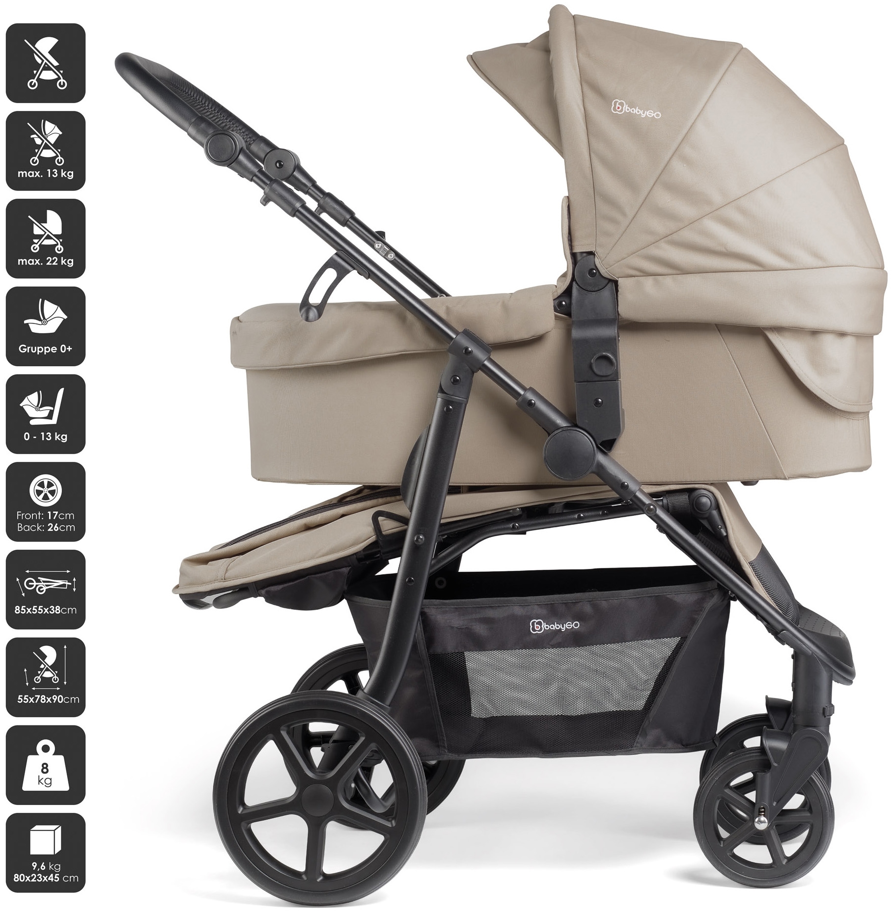 BabyGo Kombi-Kinderwagen »Evolution« 22 kg mit Babywanne, Babyschale, Wickeltasche und Sportsitz