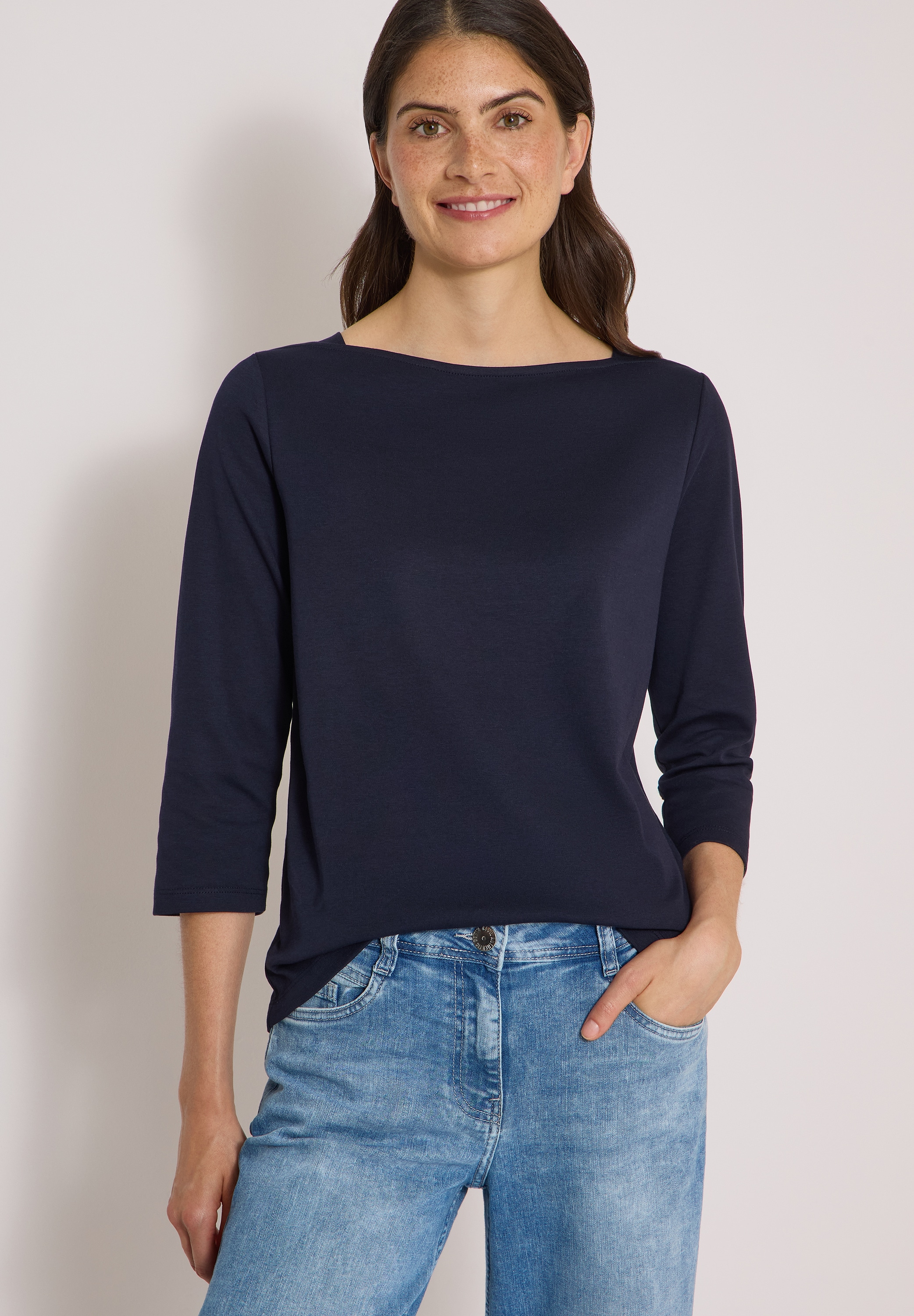 Cecil 3/4-Arm-Shirt U-Boot-Ausschnitt, unifarben, Baumwolle