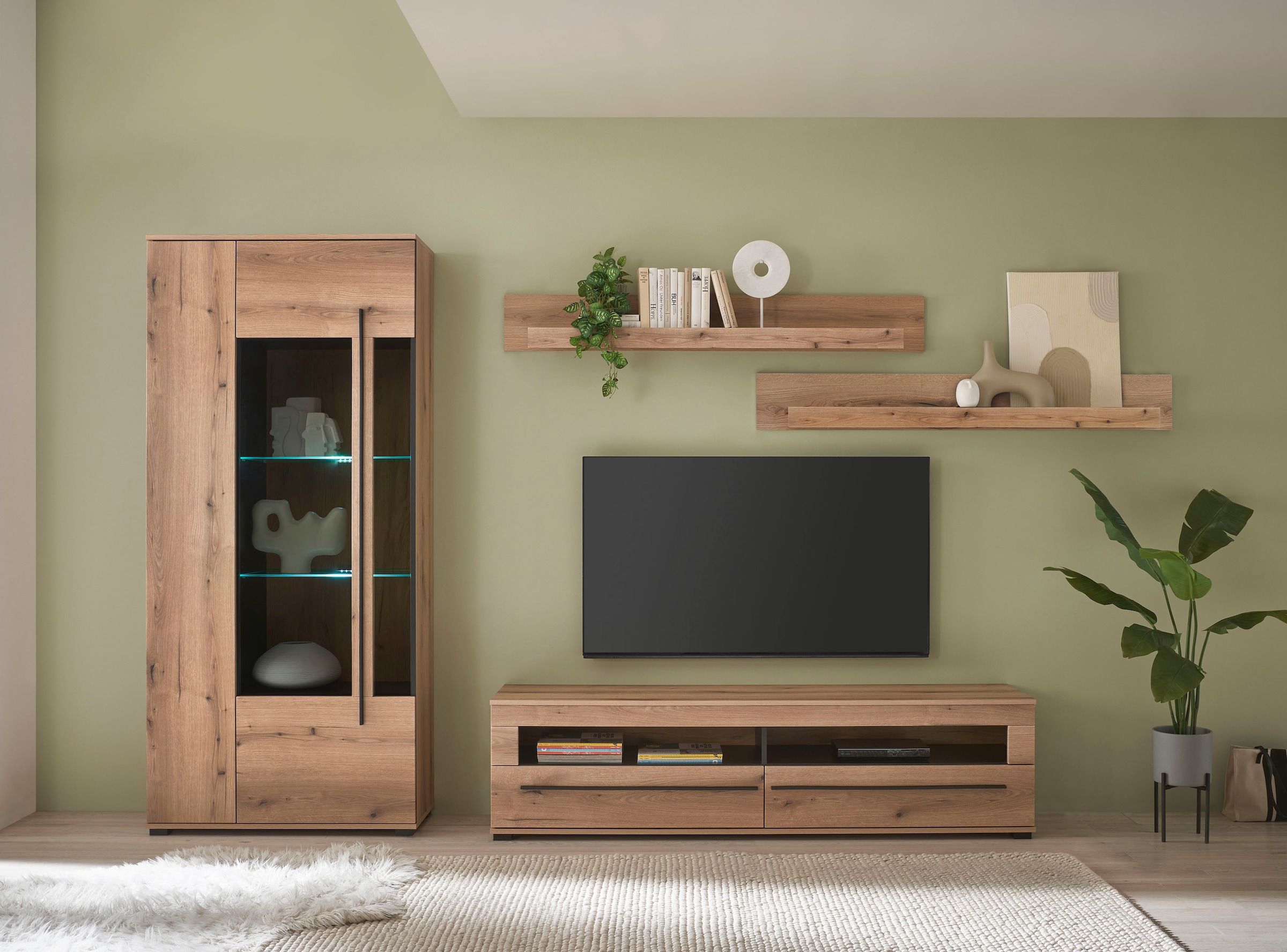 INOSIGN Wohnwand »Cantara, moderne Anbauwand, Wohnzimmer-Set, in Eiche Evoke oder Weiß«, (Set), enthält eine Vitrine, ein Lowboard und zwei Wandboards