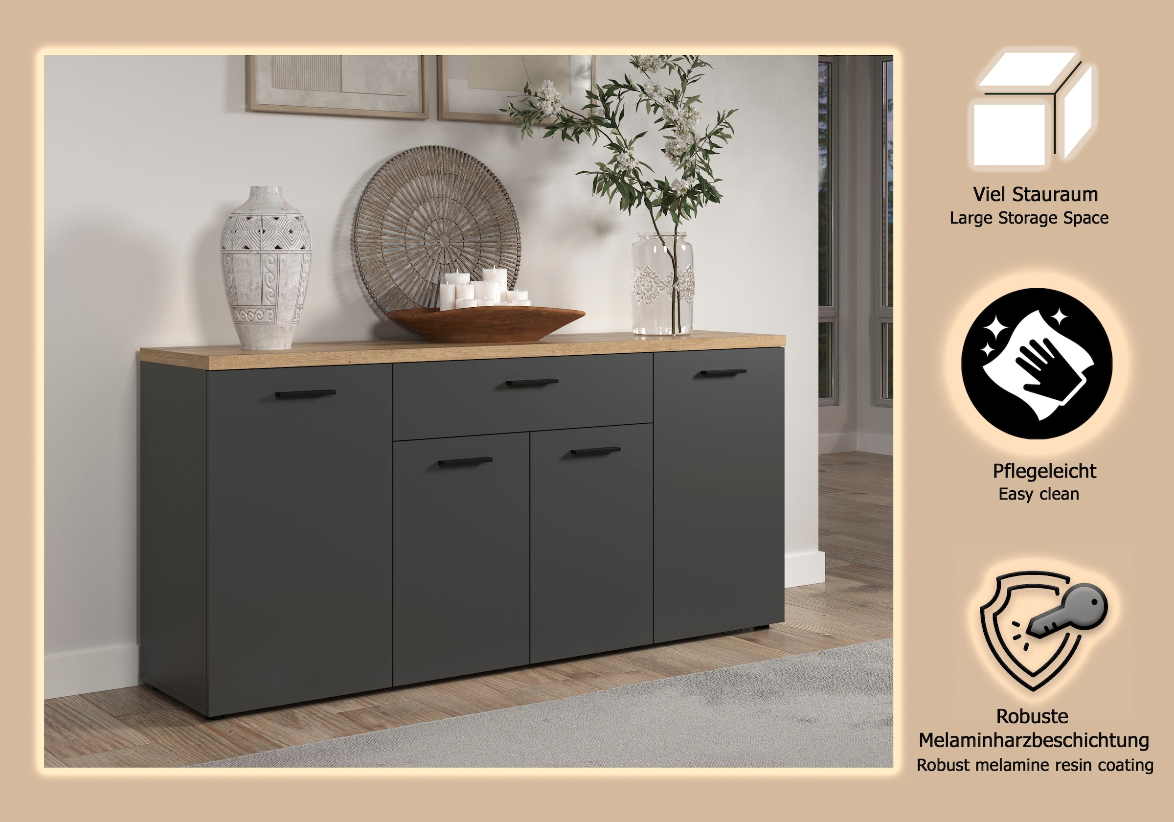 Home affaire Sideboard »Bajo« 1 Stk. tlg. Kommode mit 4 Türen und 1 Schubkasten – (B/T/H) 180/42/85 cm