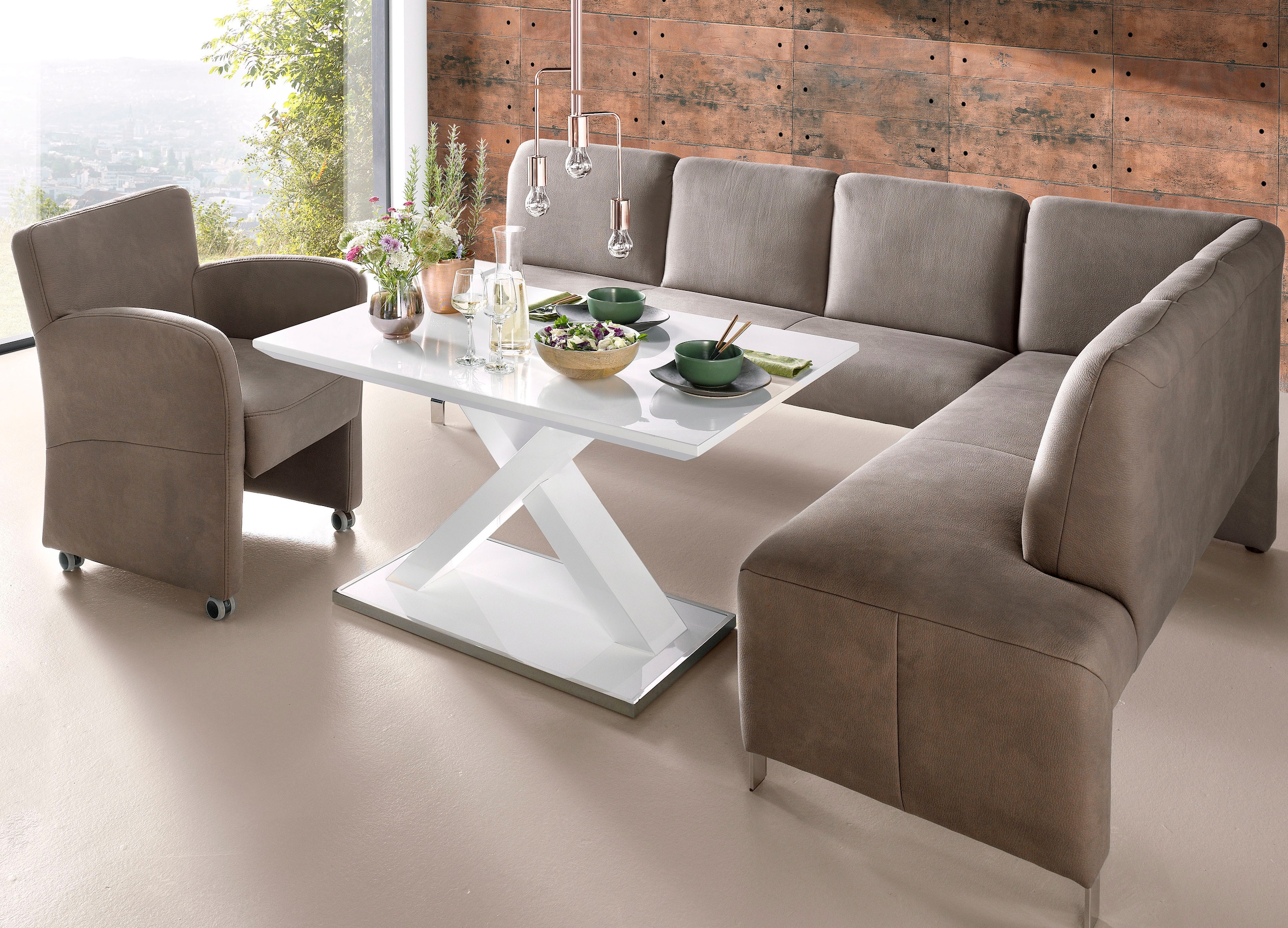 exxpo - sofa fashion Eckbank »Intenso, modern, wahlweise in Leder oder Textil, 264/197 cm (B/T)«, hohe Bodenfreiheit, frei im Raum stellbar, hoher Sitzkomfort