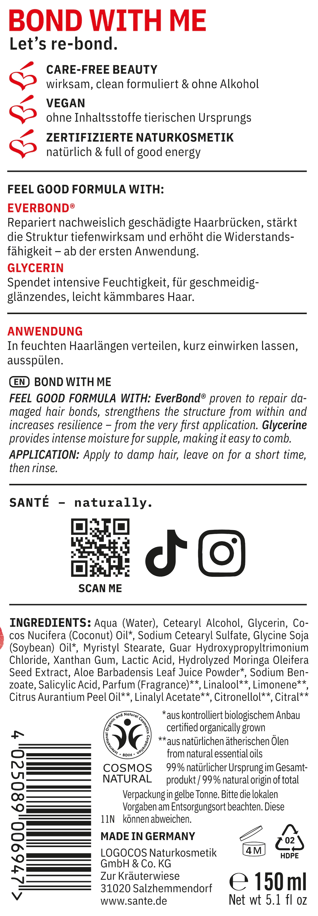 SANTE Haarspülung »Bond with Me Conditioner« Haarspülung, mit Kokosöl und Sojaöl, vegan