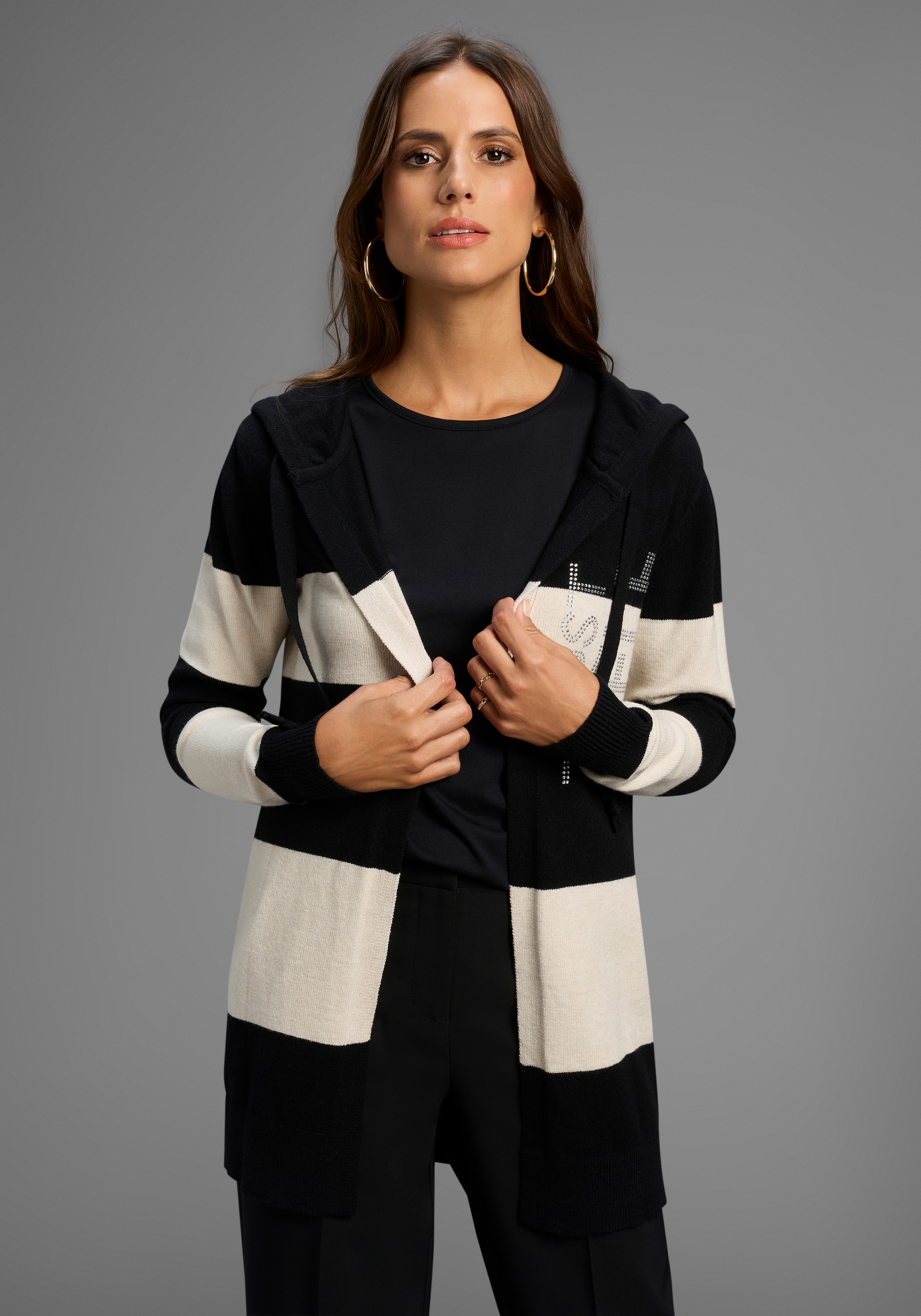 Laura Scott Kapuzenstrickjacke Winterstrick mit Streifen und Glitzerdetails - NEUE KOLLEKTION