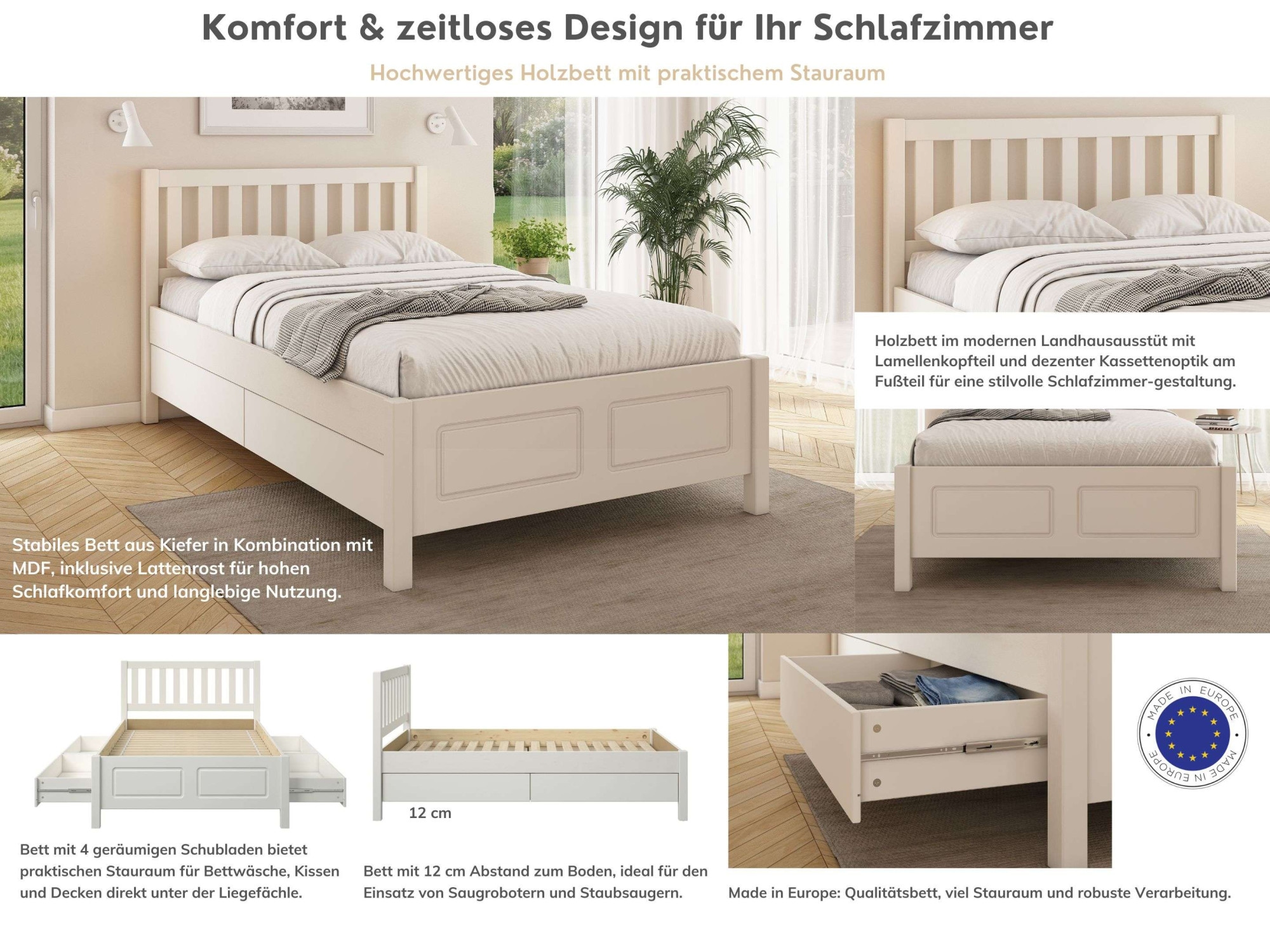OTTO home Stauraumbett »Synnra, maximaler Stauraum, 4 Schubladen, Made in EU, Landhausstil« FSC® zertifiziert, Kassettenfront, Stauraumlösung und Komfort