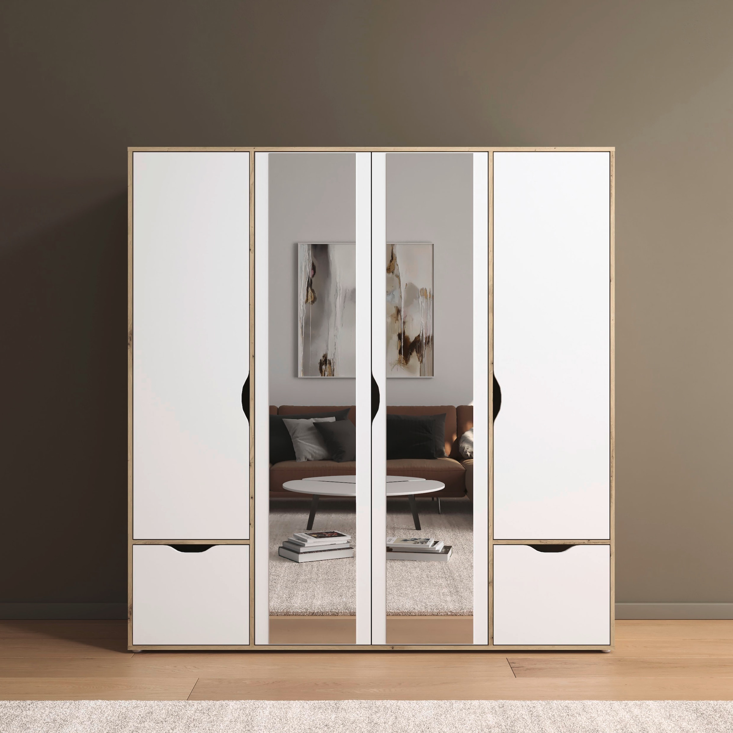rauch Drehtürenschrank »Kleiderschrank Schrank Garderobe Wäscheschrank NARAI mit Schubladen«, (in 3 verschiedenen Ausstattungen BASIC/CLASSIC/PREMIUM), Griffausfräsungen für eine grifflose Optik TOPSELLER MADE IN GERMANY