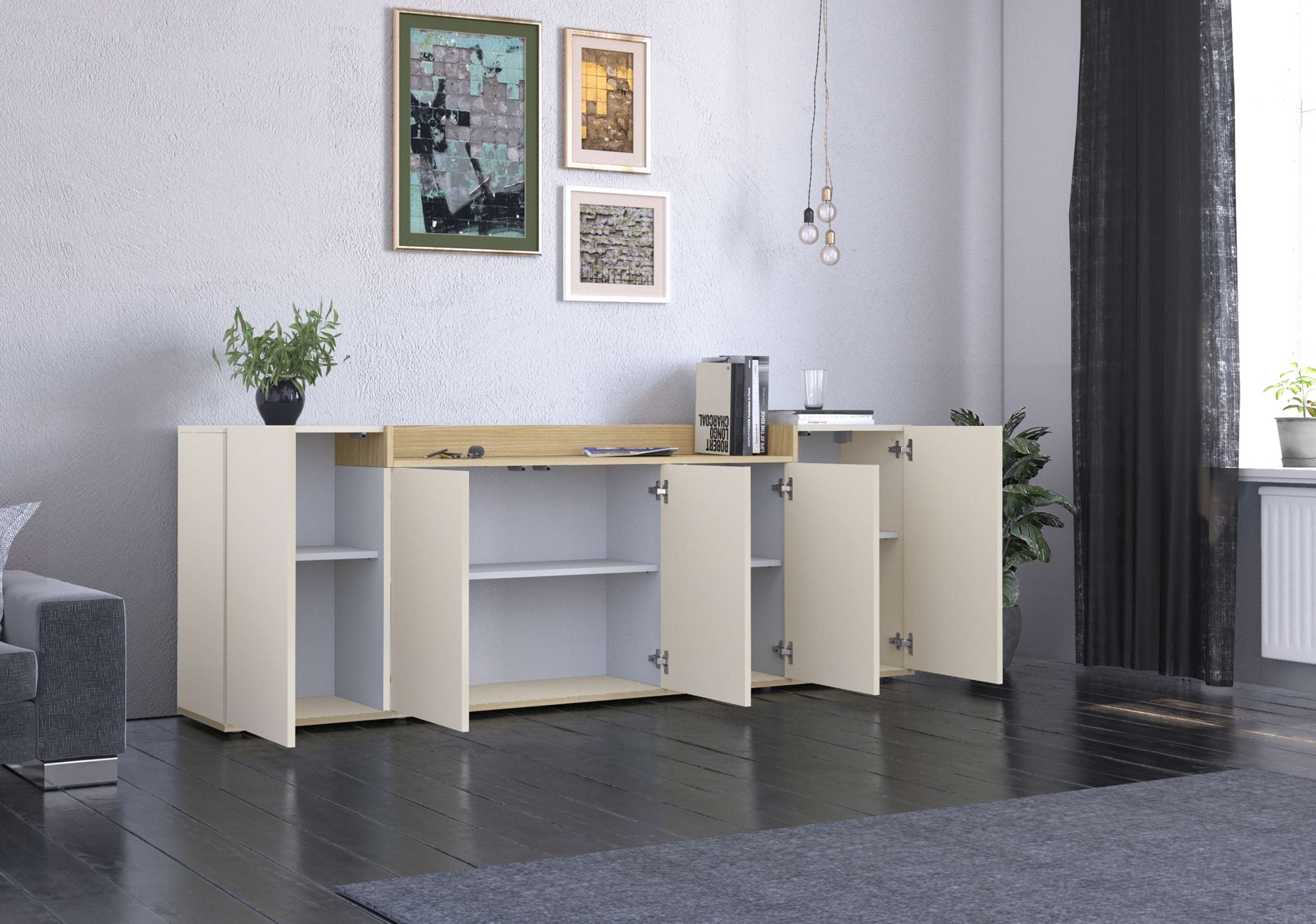 OTTO home Sideboard »BOLSENA, Kommode, Schrank,Lowboard mit 8 Fächer und offenes Ablagefach« 1 Stk. tlg. stehend/hängend montierbar, Made in Italy, B/T/H: 200 × 35 × 71,2 cm