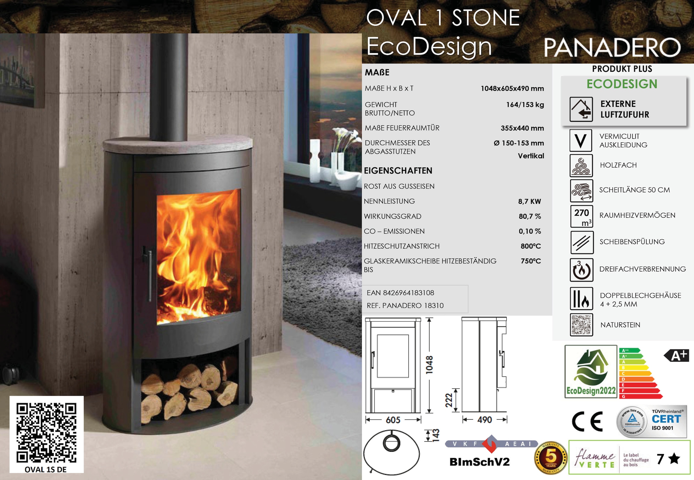 Panadero Kaminofen »Kaminofen Oval 1 Stone Ecodesign«