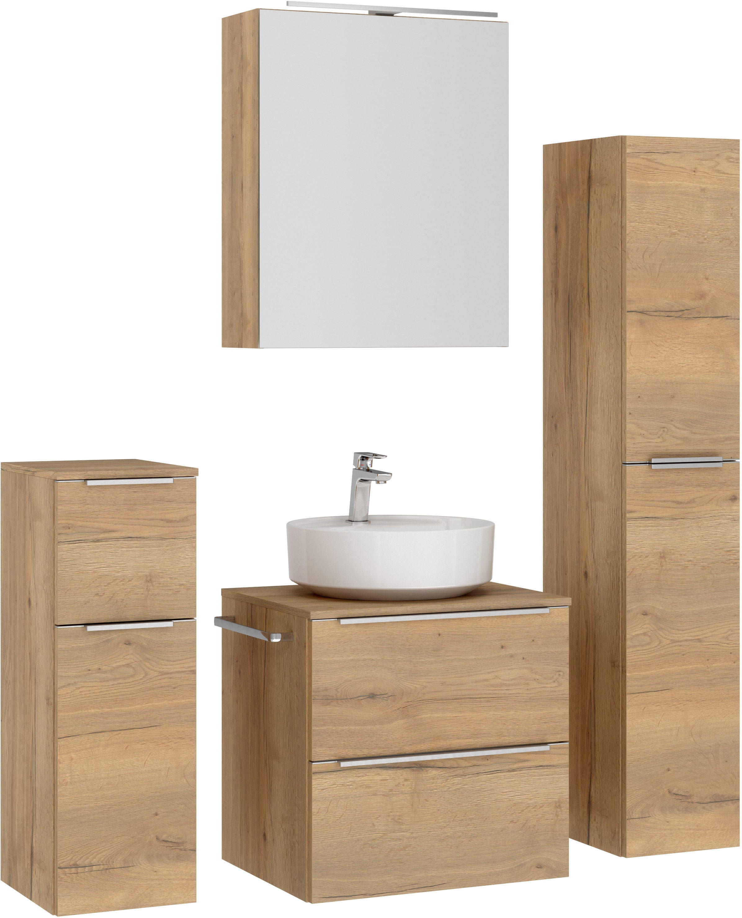 nobilia® Badmöbel-Set »Alvene«, (4 St., vormontiert, mit Soft-Close), inkl. Spiegelschrank mit Beleuchtung und Dimmerfunktion, in 4 Breiten