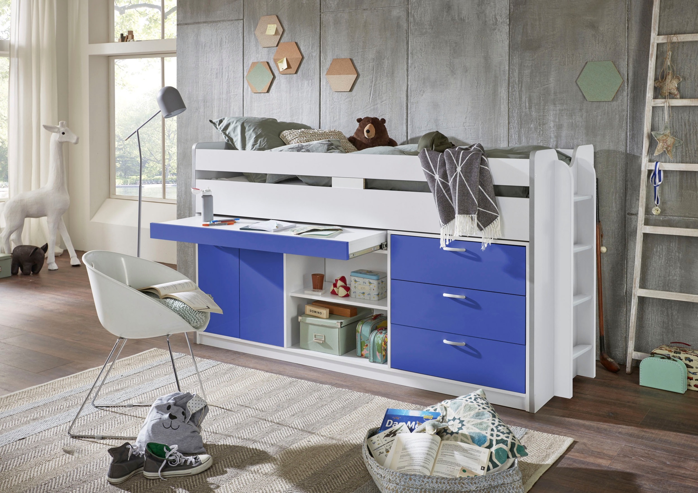 Hochbett „Robby“, LF 90 x 200 cm, mit Absturzschutz u. Stauraum, diverse Farben, weiß/blau