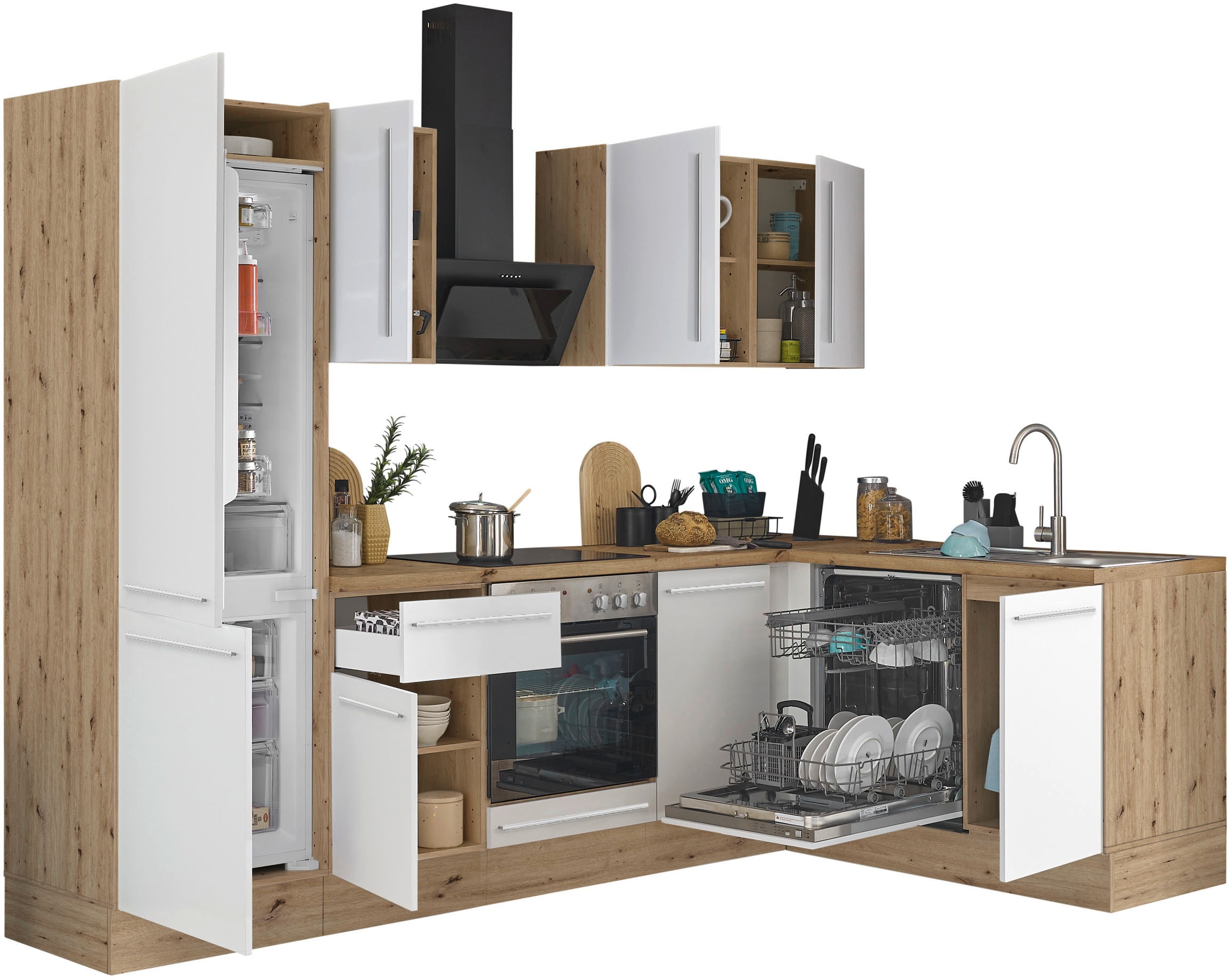 KOCHSTATION Winkelküche »Florida, Stellbreite 280x165 cm« wahlweise mit E-Geräten, mit Softclose für Türen und Schubkästen