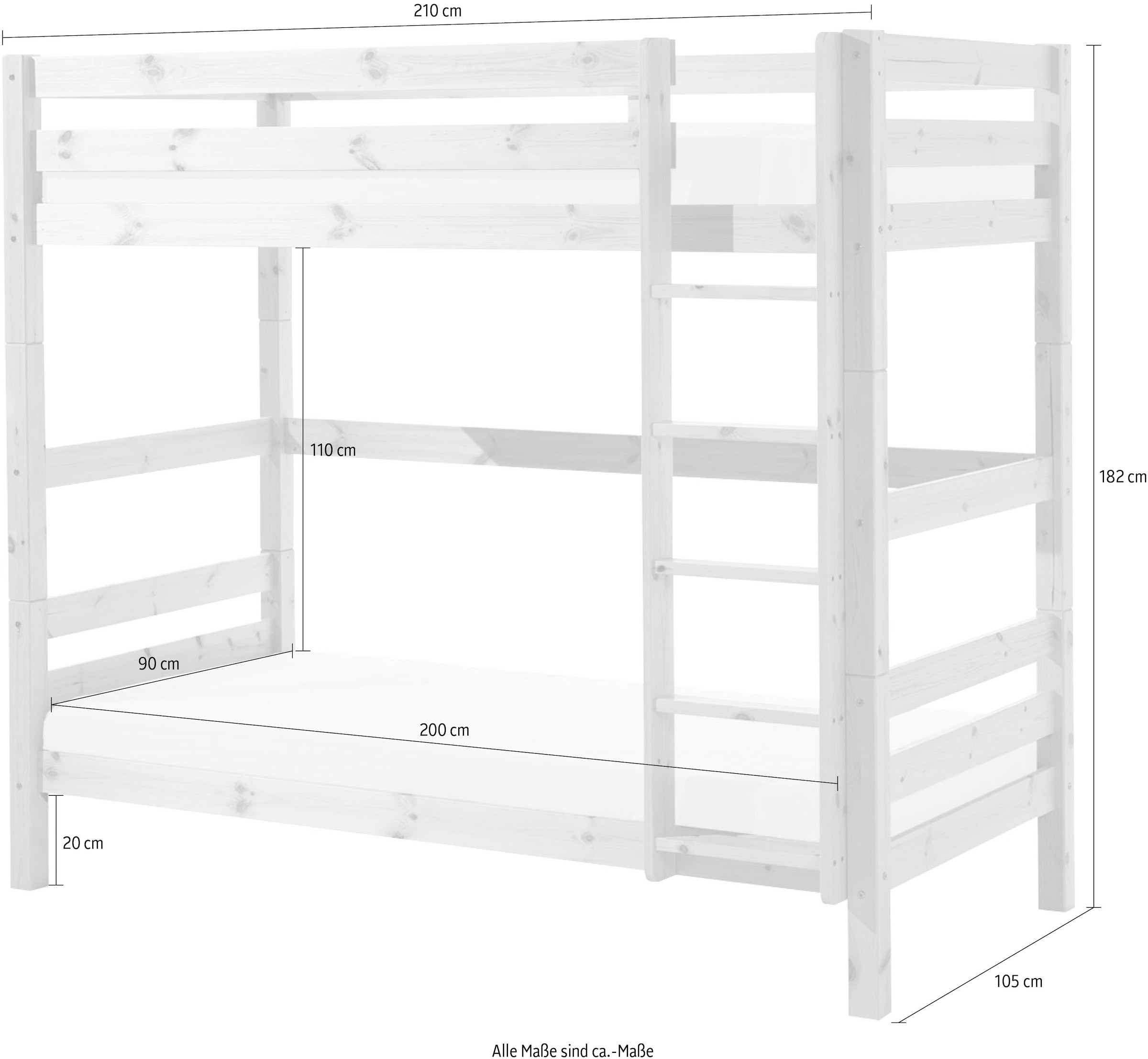 Vipack Etagenbett »Pino, inkl. Rolllattenrost, Leiter und Absturzschutz«, (B/H/T ca. 210x182x105cm, massiv Kiefer verschiedene Farben), wahlweise ohne Schublade, mit 1 großen, 2 kleinen Bettschubladen