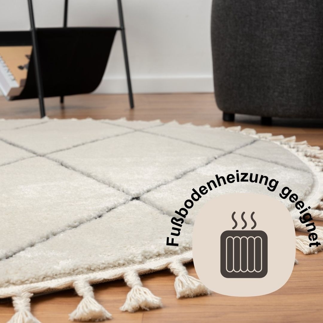 Myflair Möbel & Accessoires Hochflor-Teppich »Moroccan Diamond«, rund, 24 mm Höhe, modern, marokkanisches Design, Rauten Muster, weich, mit Fransen