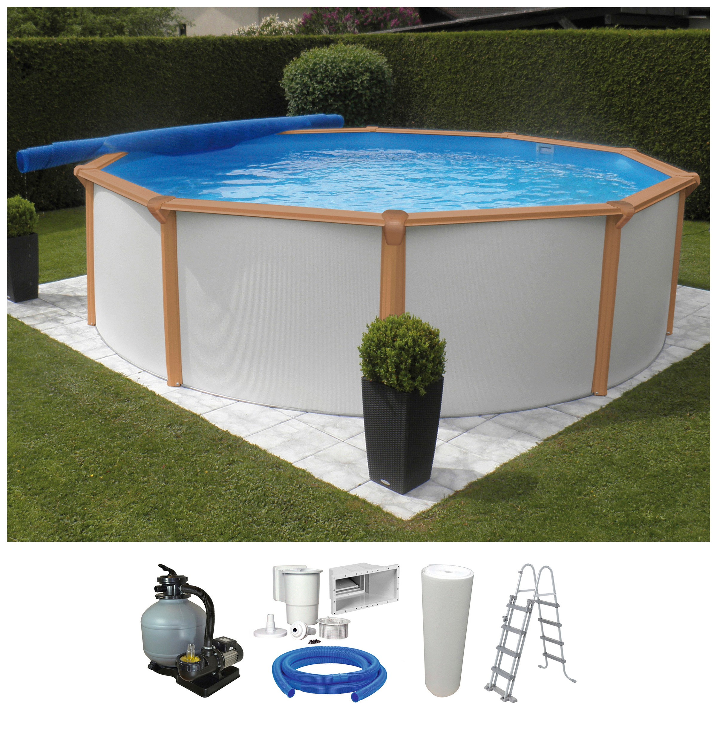 KWAD Rundpool »White Timber inkl. Sicherheitsleiter und Zubehör«, (Set, 5 tlg.), 5-tlg 3,6, 5,5 oder 4,6 m Durchmesser, Höhe: 1,32m, mit blauer Folie