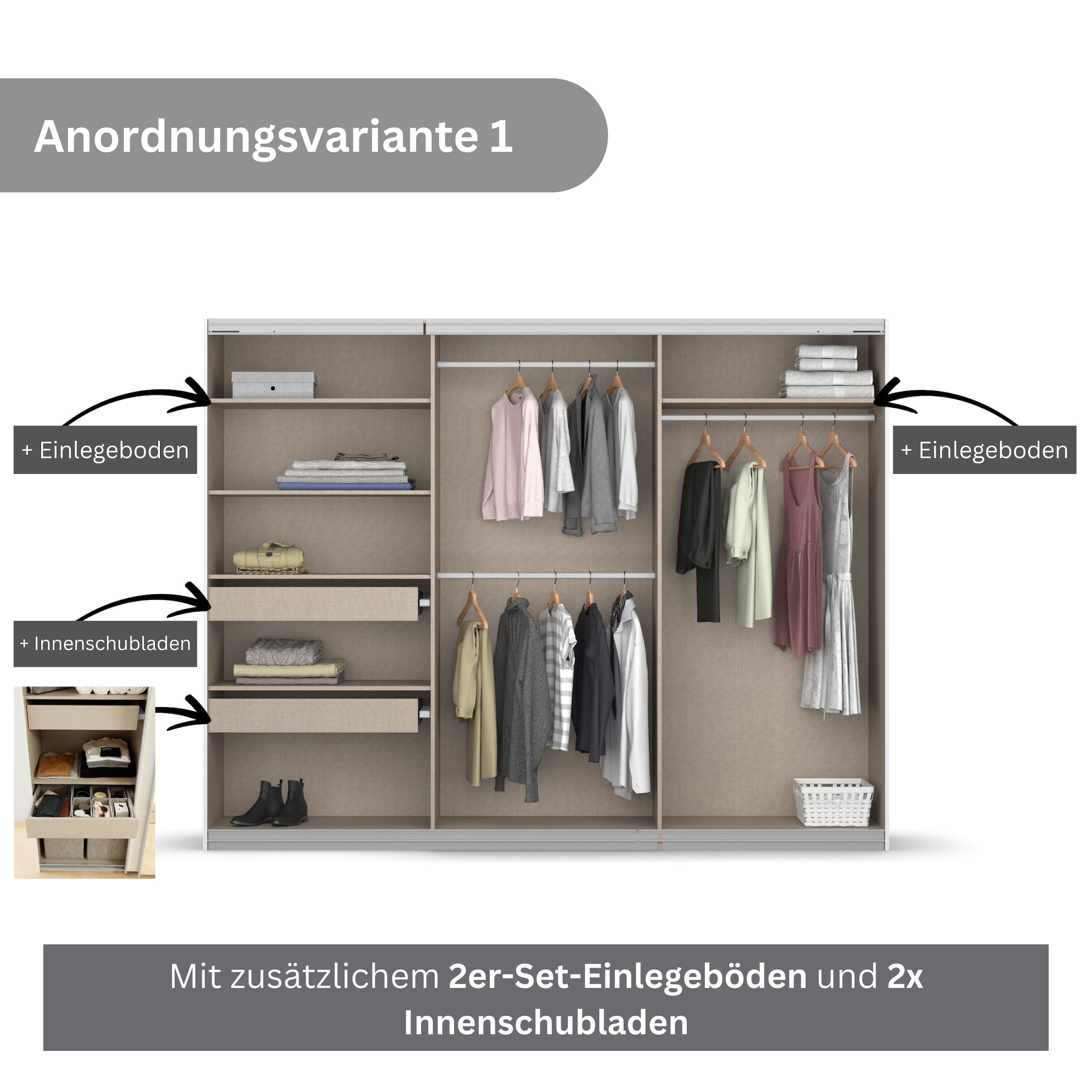 rauch Schwebetürenschrank »Kleiderschrank Schrank Garderobe BESTSELLER KOLUNA mit Spiegel«, inkl. 2 Innenschubladen sowie extra Einlegeböden MADE IN GERMANY