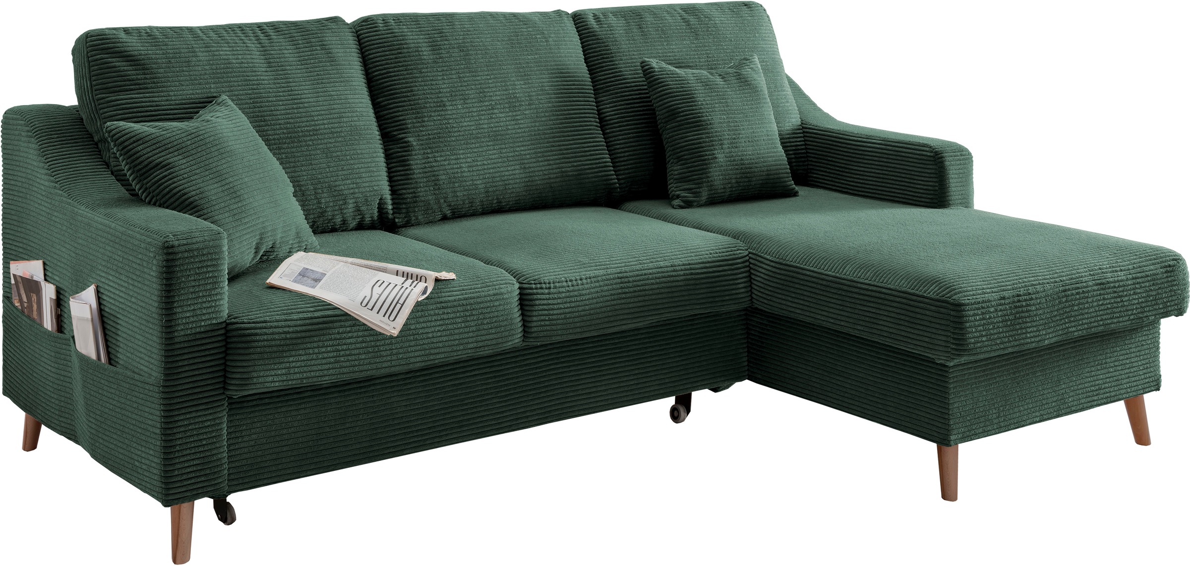 INOSIGN Ecksofa »Valentina L-Form«, 2 Zierkissen, mit Seitentasche, ausziehbarer Liegefläche, Bettkasten