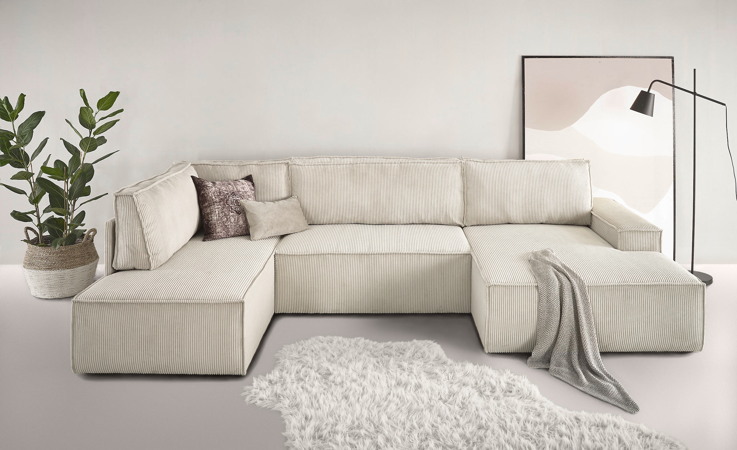 Home affaire Wohnlandschaft »SHERWOOD 329 cm, U-Form, Schlafsofa,«, Schlaffunktion m. Bettkasten (194x139 cm), Cord, Vintage, Samtvelours