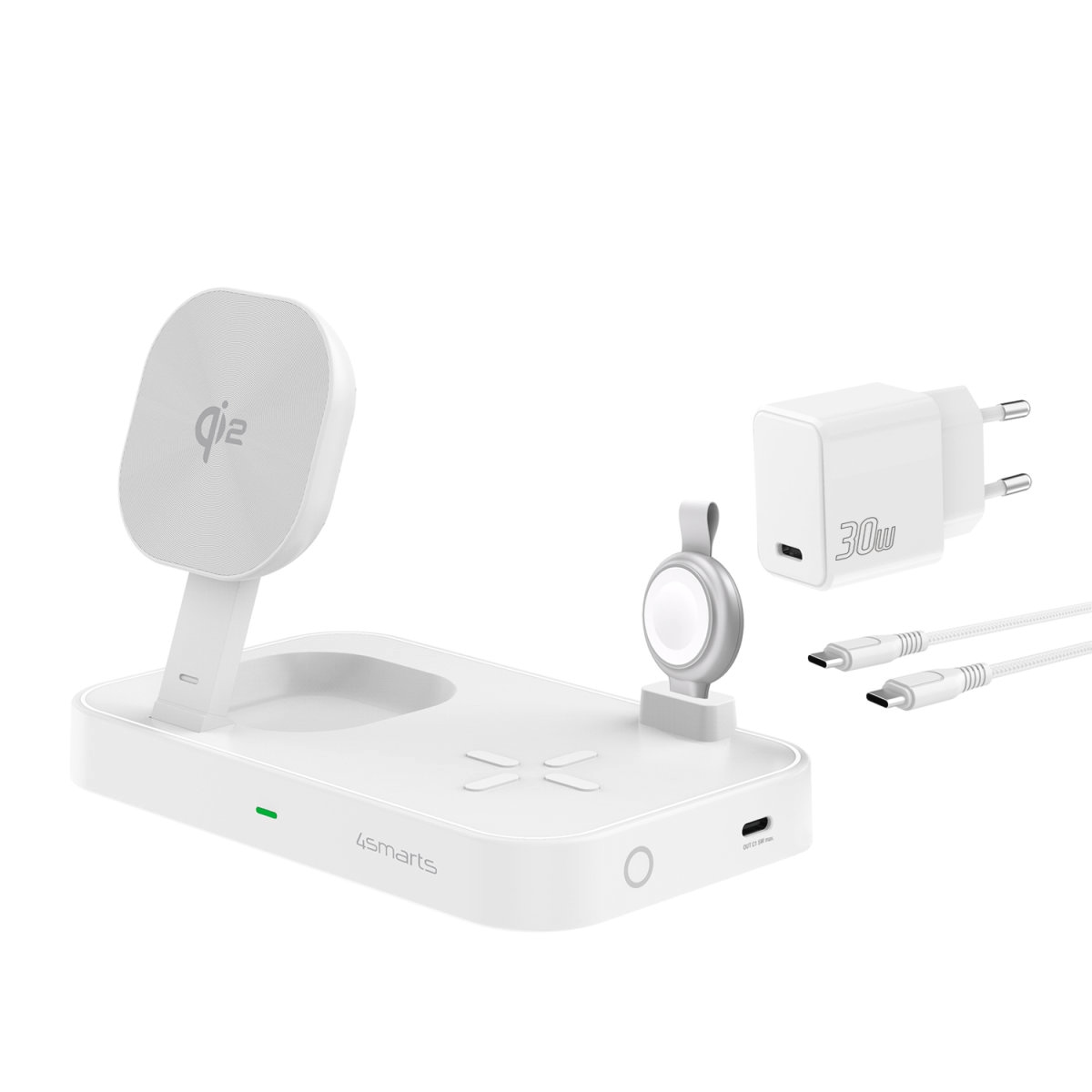4smarts Wireless Charger »Qi2 Ladestation Trident mit MFi Fast Charger«, für Apple iPhone, Watch 1/2/3/4/5/6/7/8/9/SE, Ultra, Ultra 2 und iPods