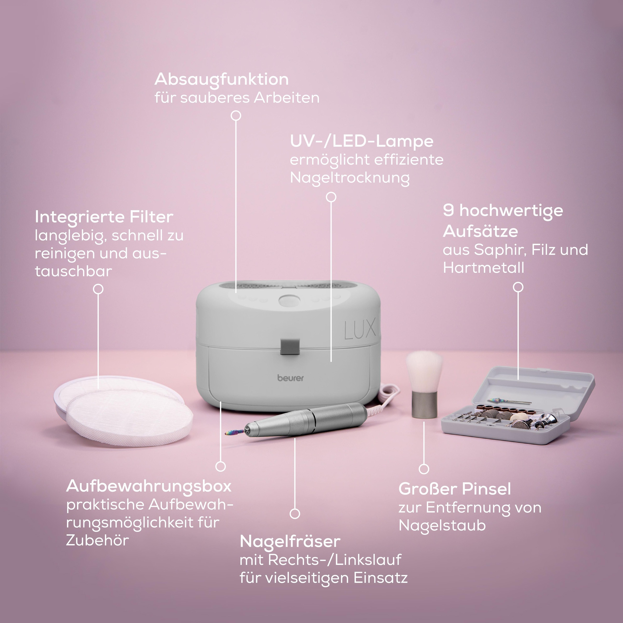 BEURER Maniküre-Pediküre-Set »MP 210 LUX, professionelle Maniküre-Pediküre-Station für zu Hause«, Mit Nagelfräser, UV/LED -Lampe und Nagelstaubabsauger
