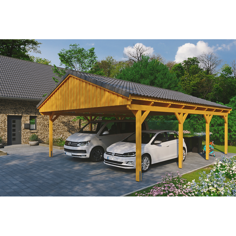 SKANHOLZ Doppelcarport »Fichtelberg« Leimholz, Nordisches Fichtenholz hellbraun mit Dachlattung hellbraun