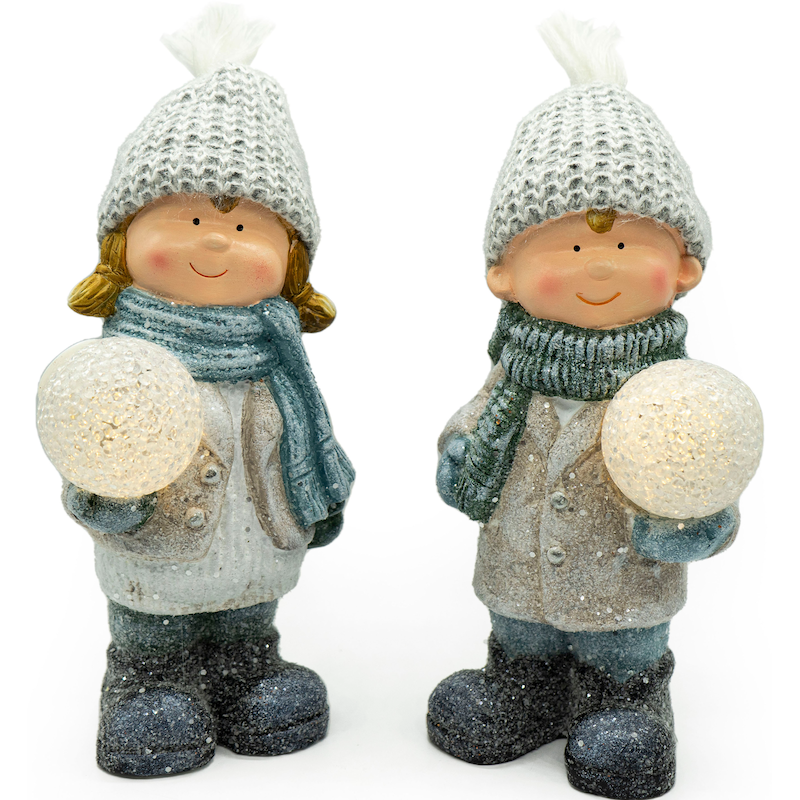 NOOR LIVING Dekolicht »Winterkinder aus Keramik im 2er Set, mit Beleuchtung, Höhe ca. 26 cm« 2 Stk. Weihnachtsdeko, Batteriebetrieben, Dekofigur...