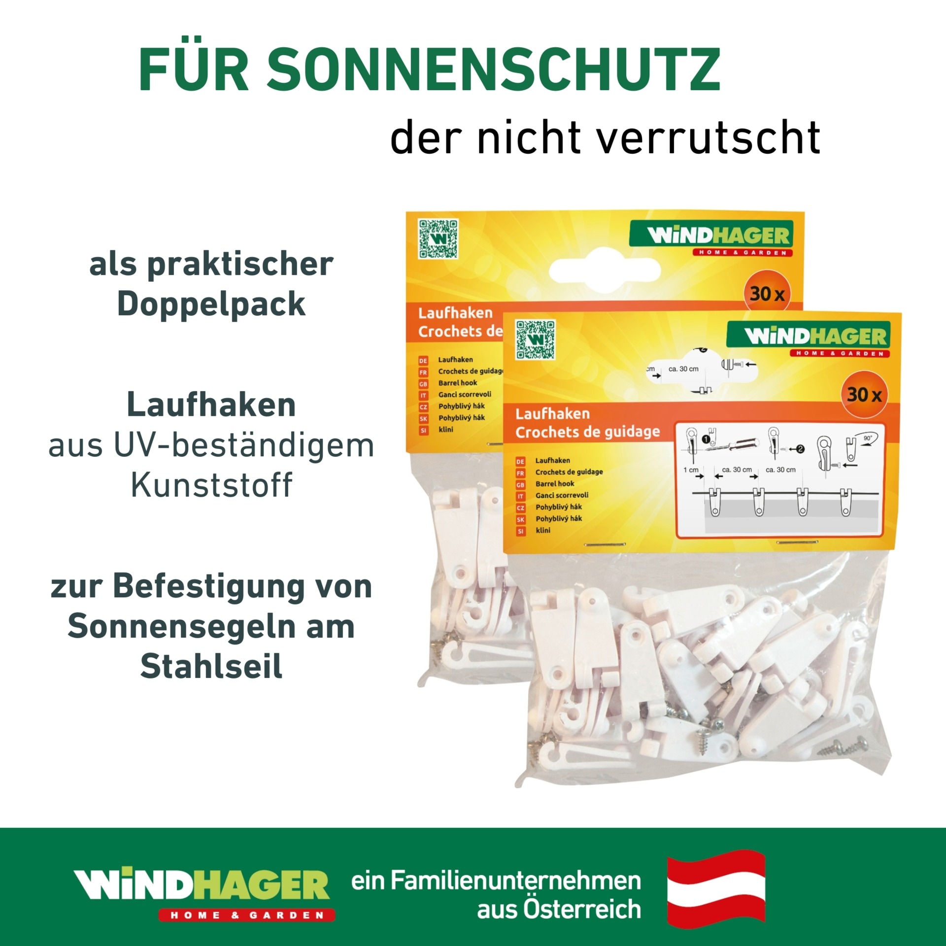 Windhager Sonnensegel »Laufhaken mit Edelstahlschrauben, 30 Stk.« Befestigungsset für 2-2,5 mm Edelstahlseile, einfache Montage