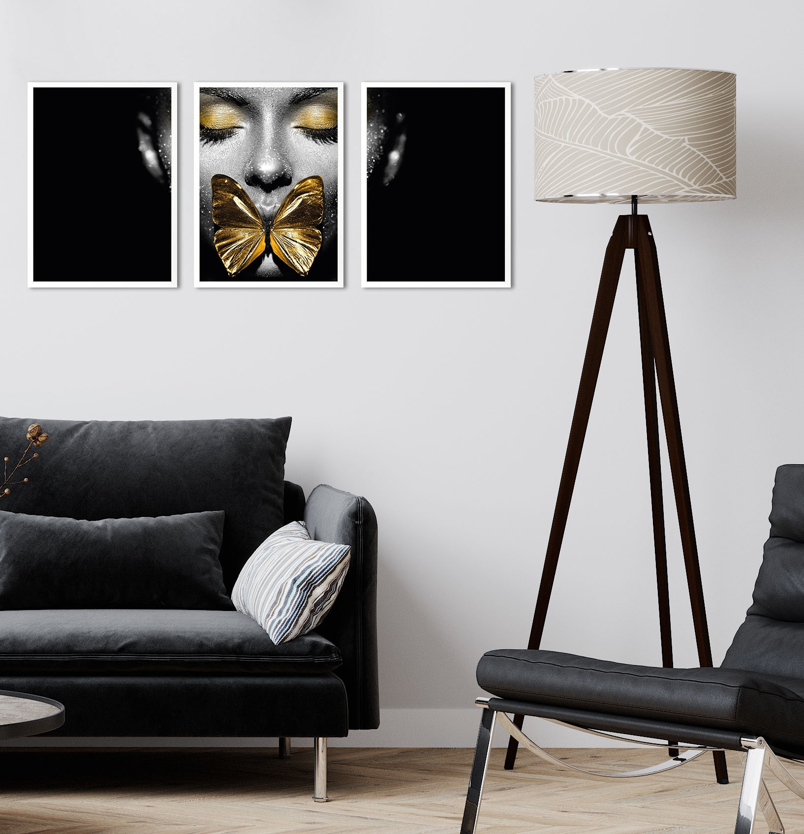Leonique Bild mit Rahmen Schmetterling Gerahmter - - Weißer 3x - auf Holzrahmen Dekoration - Raten Digitaldruck Rahmen »Gesicht Wandbild«, - Triptychon Gold (3er-Set), 30x40 cm - kaufen