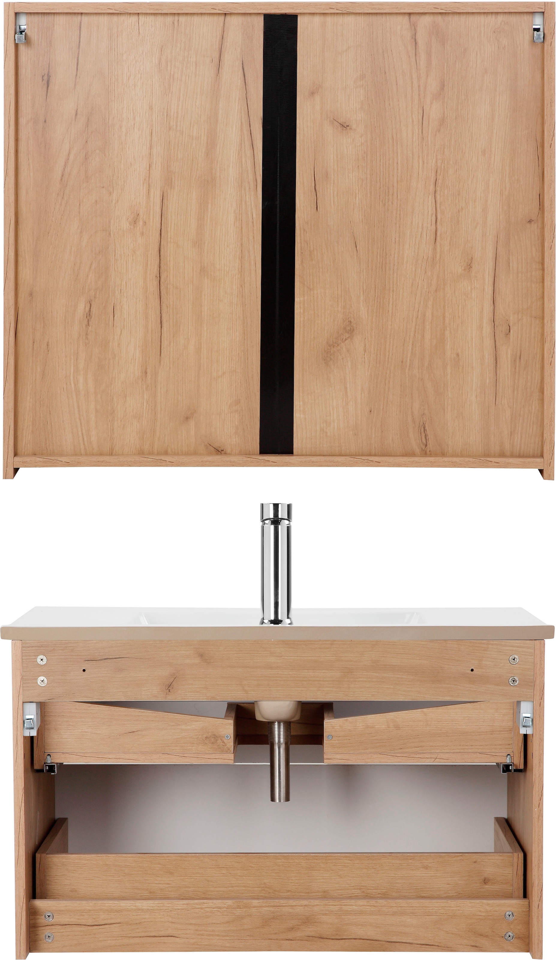 andas Badmöbel-Set »Lund Badmöbel Set Badschrank Badezimmerset«, (Komplett-Set, 3 St.), Waschtisch, Spiegelschrank und Becken Breite 80cm