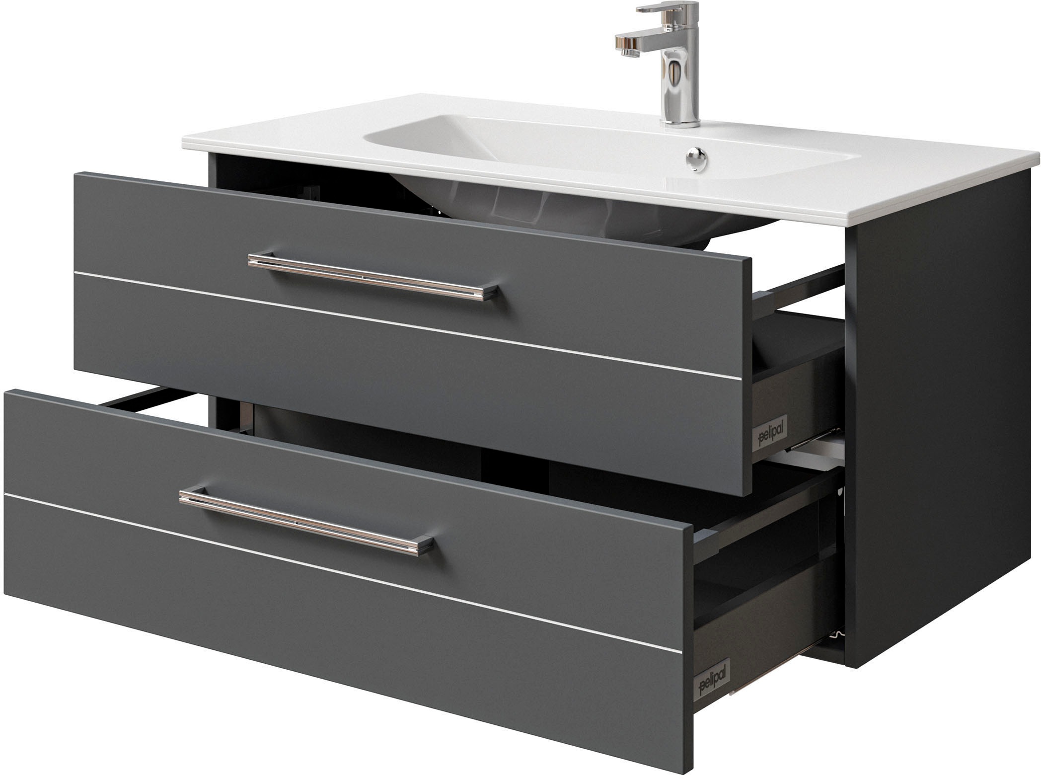 Saphir Badmöbel-Set »Serie 6025 2-teilig Mineralmarmor-Waschtisch mit LED-Spiegelschrank«, (2 St.), Waschplatz 97 cm breit, 2 Schubladen, 3 Spiegel-Türen, inkl Türdämpfer