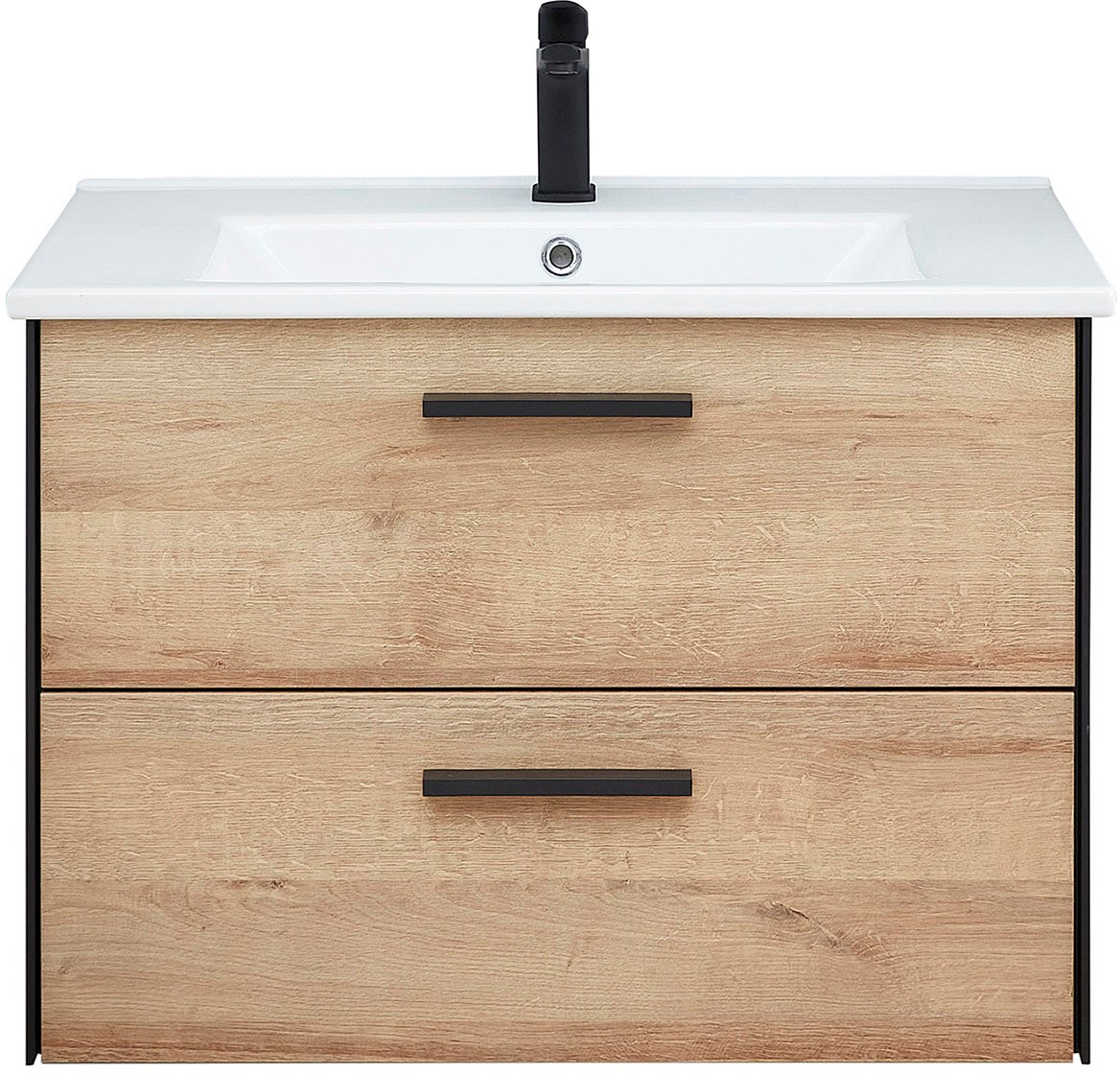 Saphir Badmöbel-Set »Quickset 395 2-teilig, Keramik-Waschtisch mit LED-Spiegel, 75 cm breit«, (2 St.), Waschplatz mit 2 Schubladen, Riviera Eiche quer Nachbildung, Bad-Set