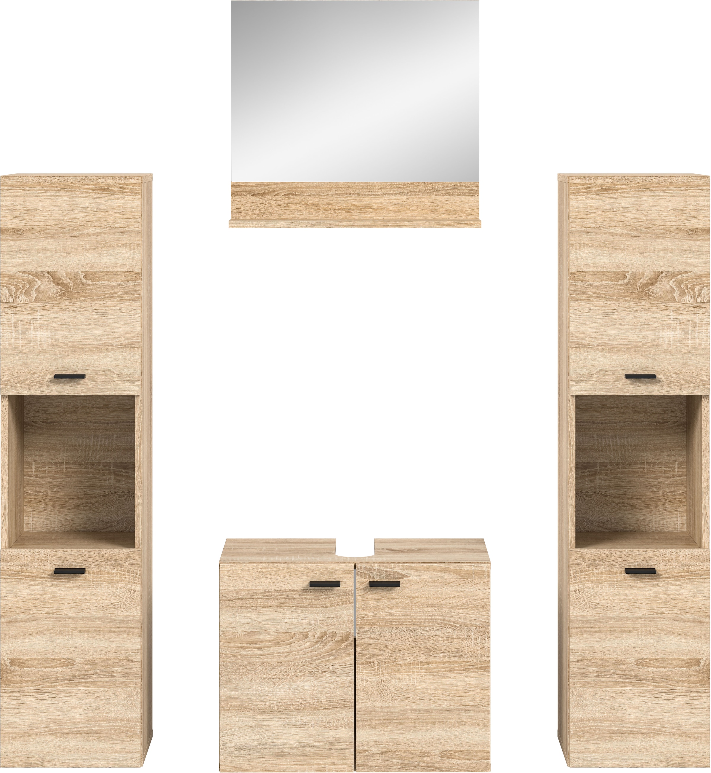 welltime Badmöbel-Set »Tampa, Breite 137cm, 4-teilig«, (4 St.), Waschbeckenunterschrank, Spiegel, Hochschrank