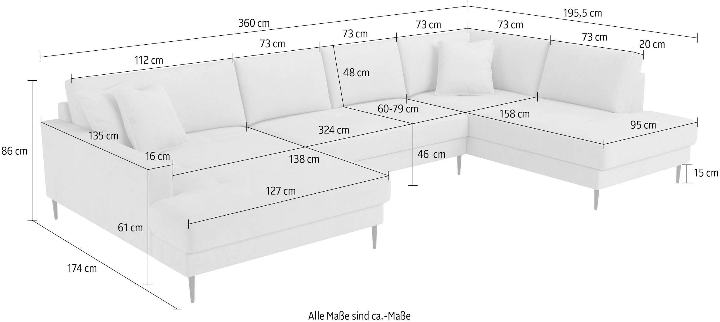 OTTO home Wohnlandschaft »Summer U-Form, B: 360 cm mit Zierkissen« moderne Couch in Cord & Strukturstoff