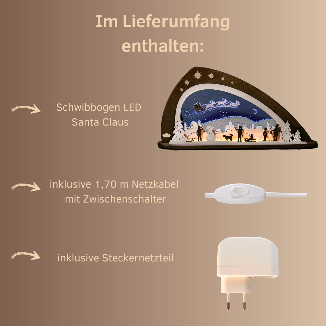 Weigla Lichterbogen »LED Santa Claus, moderner Schwibbogen aus Holz & Acrylglas«, Erzgebirge garantiert, Weihnachtsdeko Innen, Weihnachtsbeleuchtung