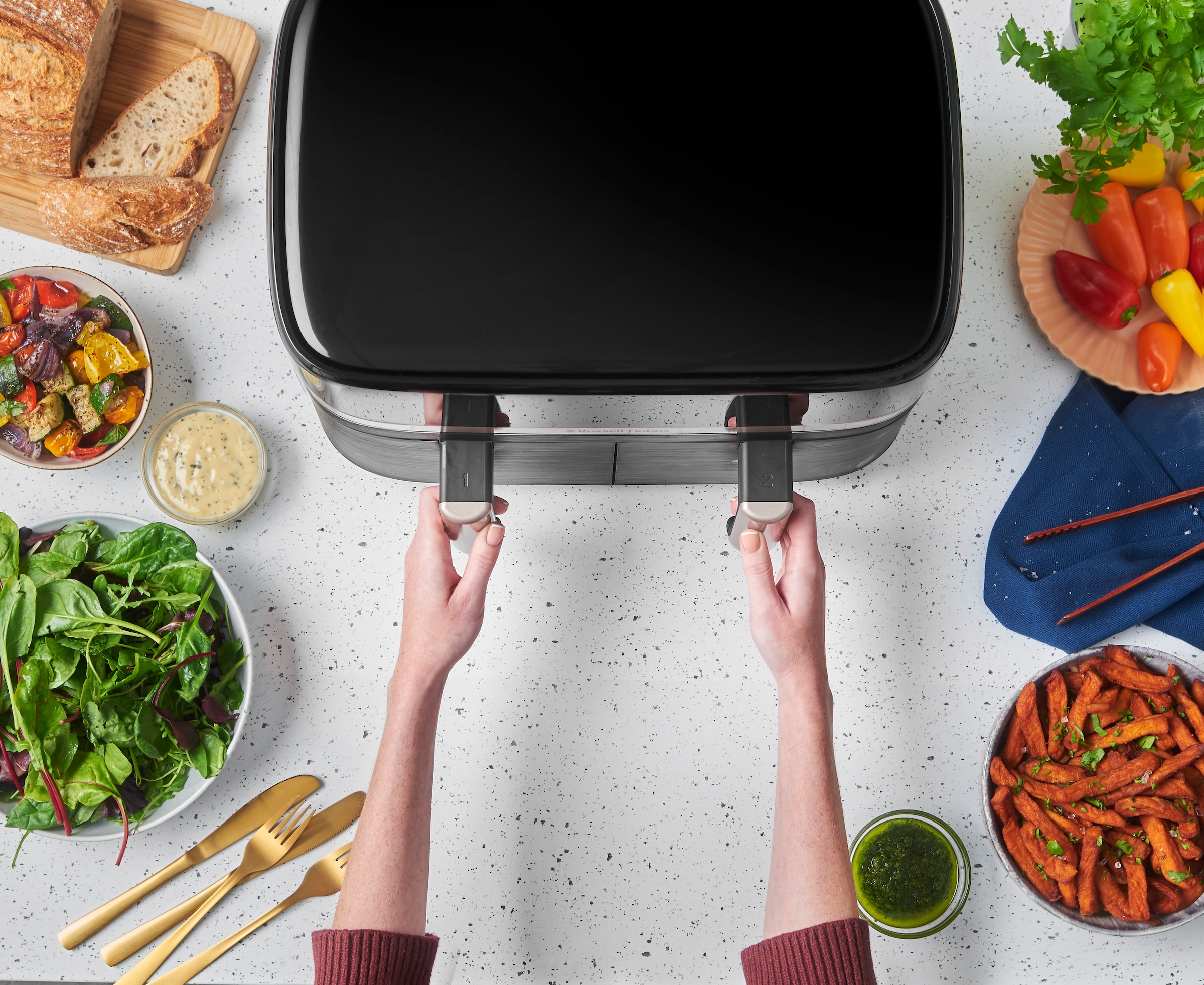 RUSSELL HOBBS Heißluftfritteuse »27680-56 s SatisFryTM Dual basket, 4,5L«, 2800 W, Airfryer–wenig oder kein Öl erforderlich, 9 Programme, 9 L