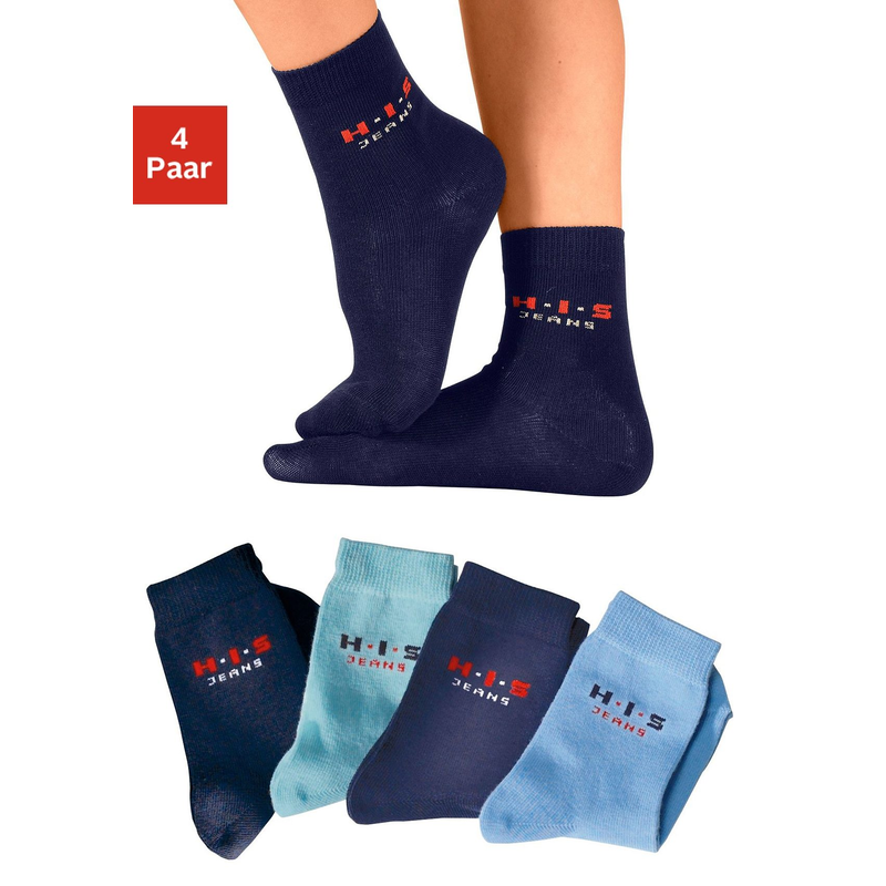 H.I.S Basicsocken Packung, 4 Paar tlg. mit kontrasfarbenem Logo blau, marine, hellblau, dunkelblau 31-34 31-34 Basic Socken für Groß und Klein im...