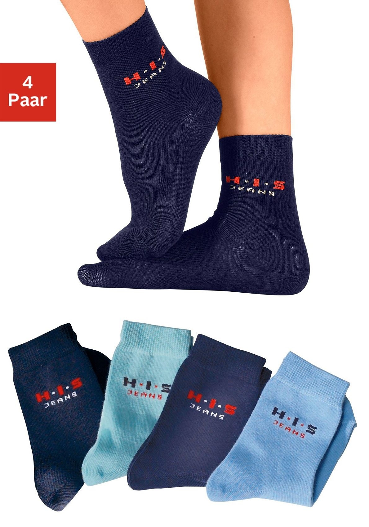 H.I.S Basicsocken Packung, 4 Stk. tlg. mit kontrasfarbenem Logo blau, marine, hellblau, dunkelblau 39-42 39-42 Basic Socken für Groß und Klein im...