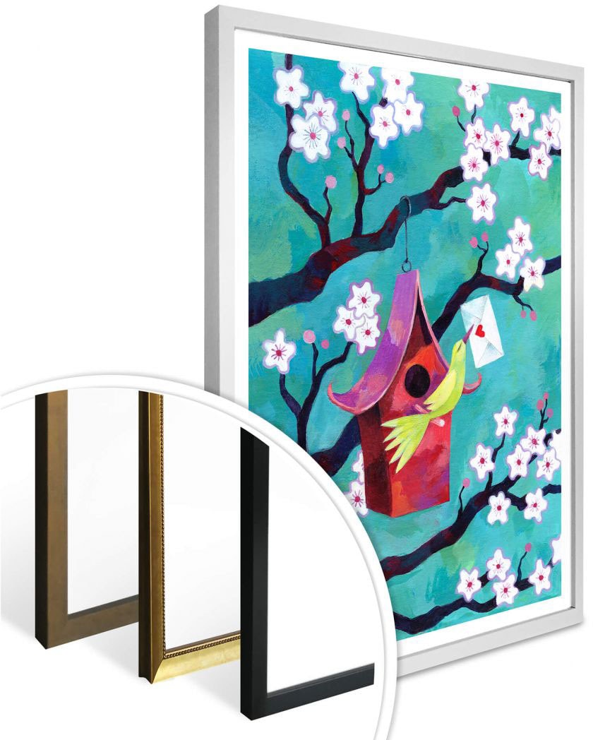 Wall-Art Poster »Märchen Wandbilder Vogelhäuschen«, Vögel, (1 St.), Poster ohne Bilderrahmen