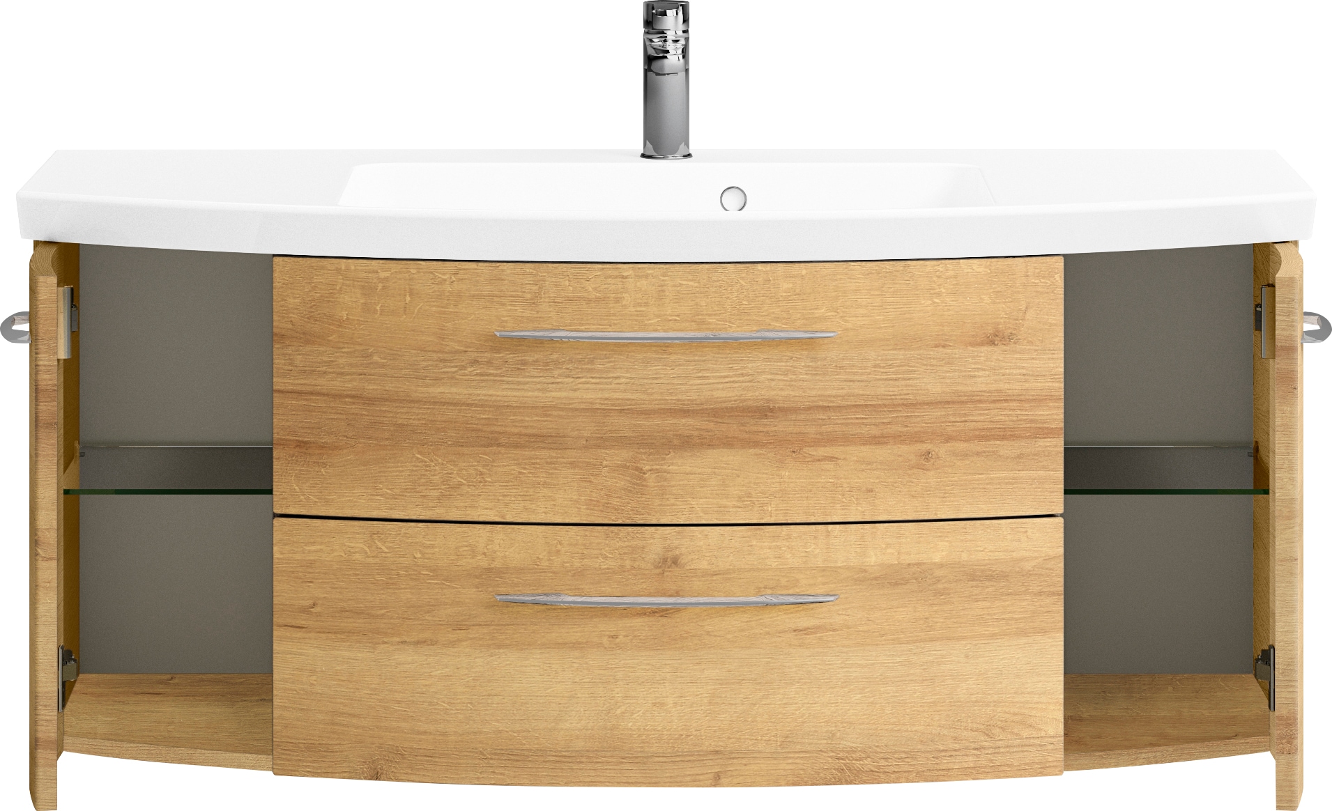 Saphir Badmöbel-Set »Cassca Sprint 4-teilig Mineralmarmor-Waschtisch mit LED-Spiegelschrank«, (5 St.), Midischrank, Unterschrank, inkl. Türdämpfer, 7 Türen, 5 Schubladen