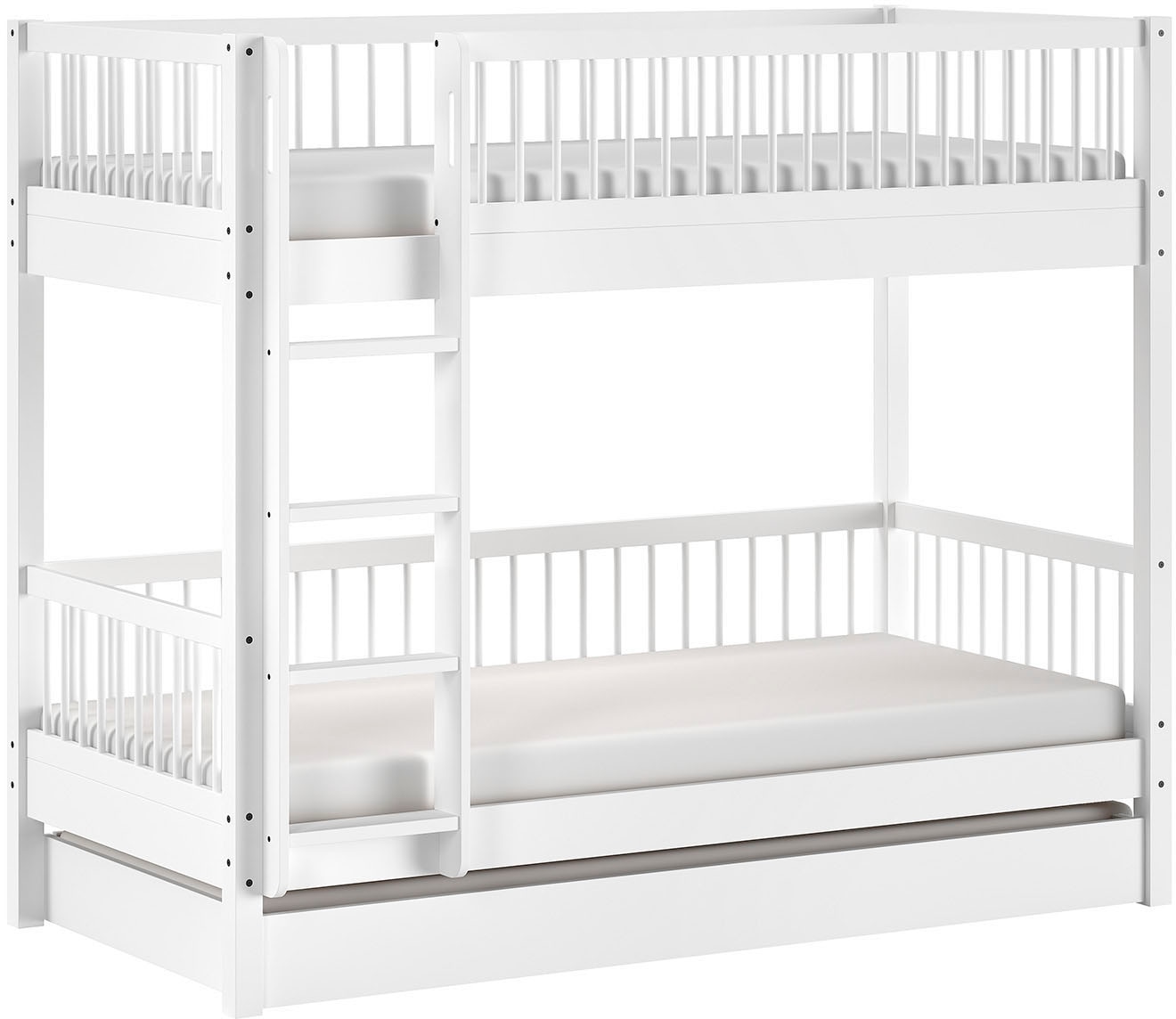 Home affaire Etagenbett »Buche massiv weiß, Made in Europe, langlebige Qualität«, (B/H/T ca. 208x176x98cm, inkl. Leiter, Absturzschutz oben umlaufend), 2 Lattenroste, wahlweise mit oder ohne Bettschublade