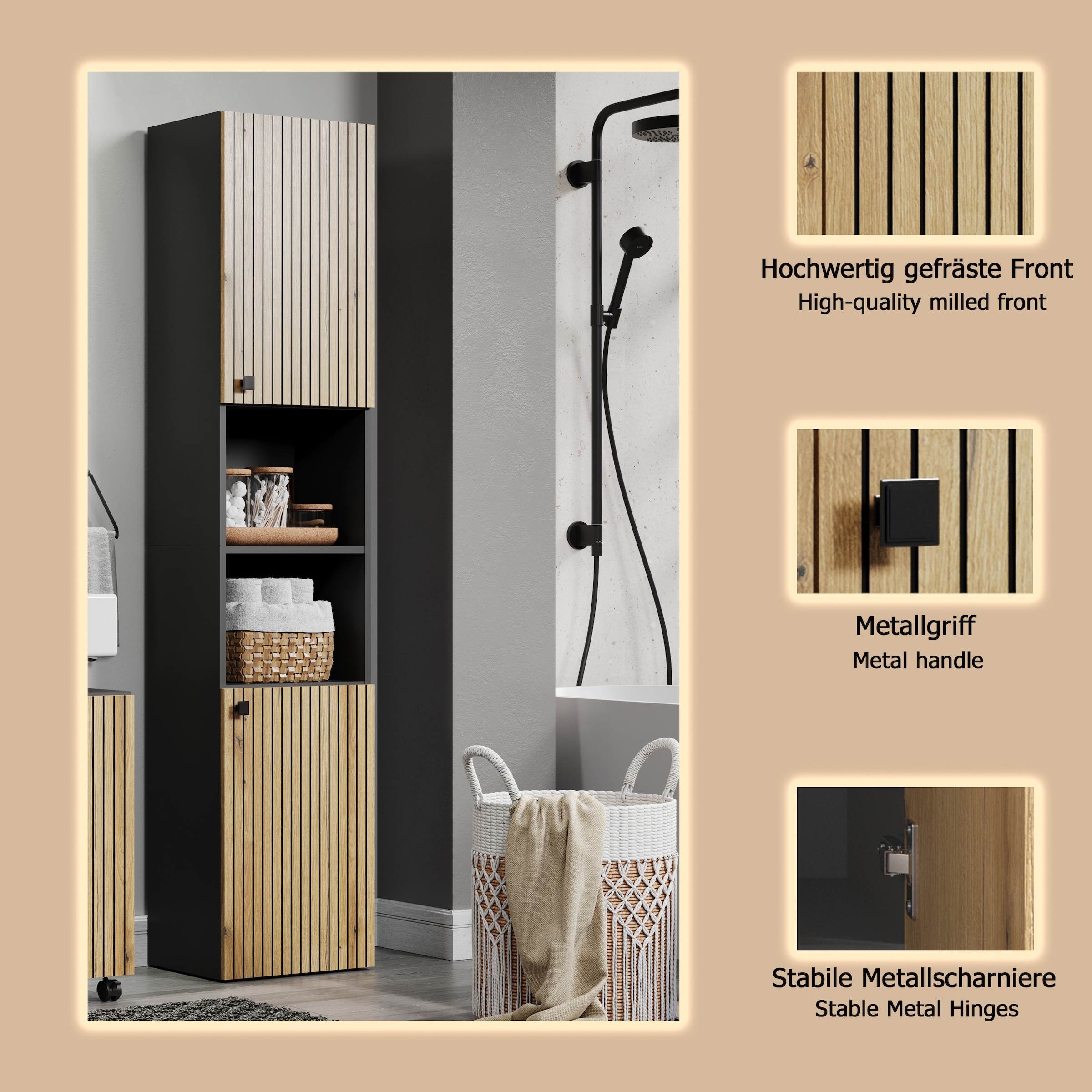 welltime Hochschrank »Amrum«, Badezimmerschrank mit und ohne Schublade - (B/T/H) 40-70/31/186 cm