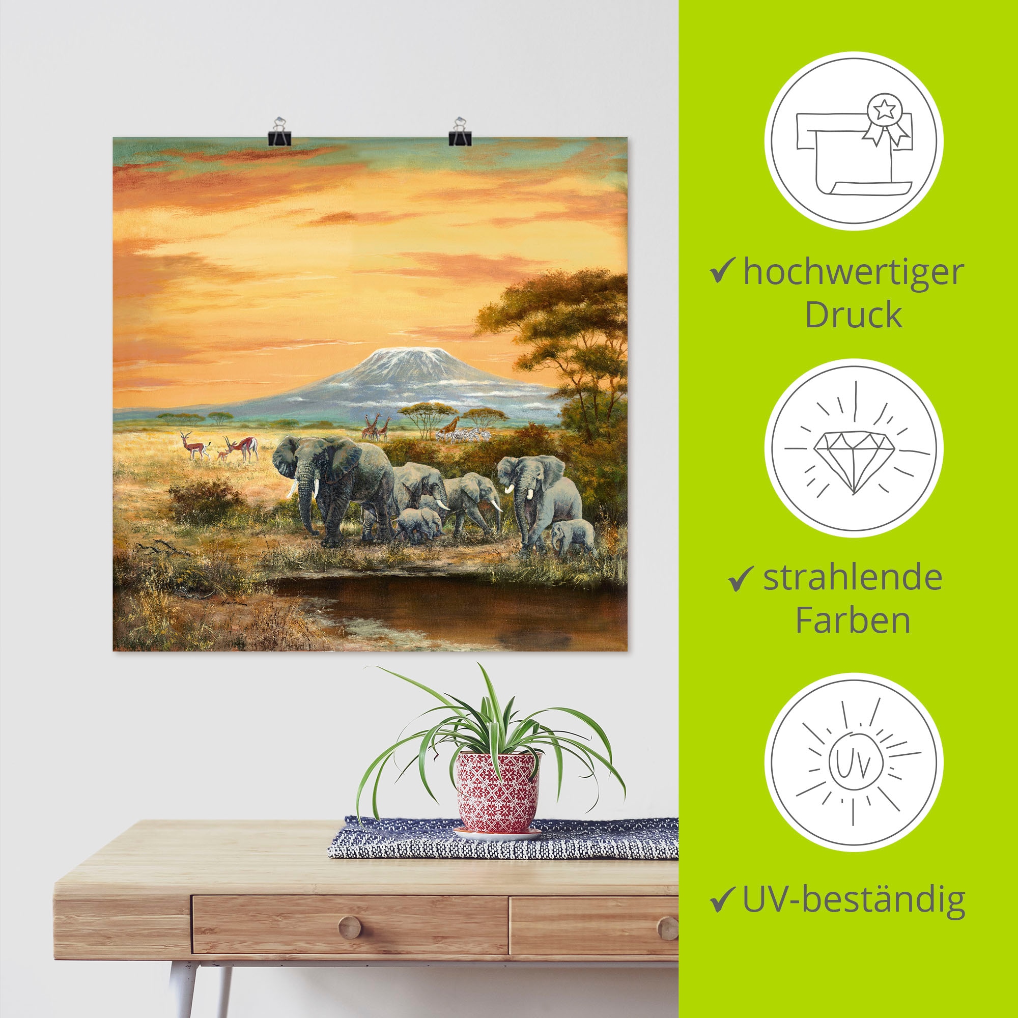 Artland Wandbild »Afrikalandschaft mit Elefanten«, Wildtiere, (1 St.), als Leinwandbild, Poster in verschied. Größen